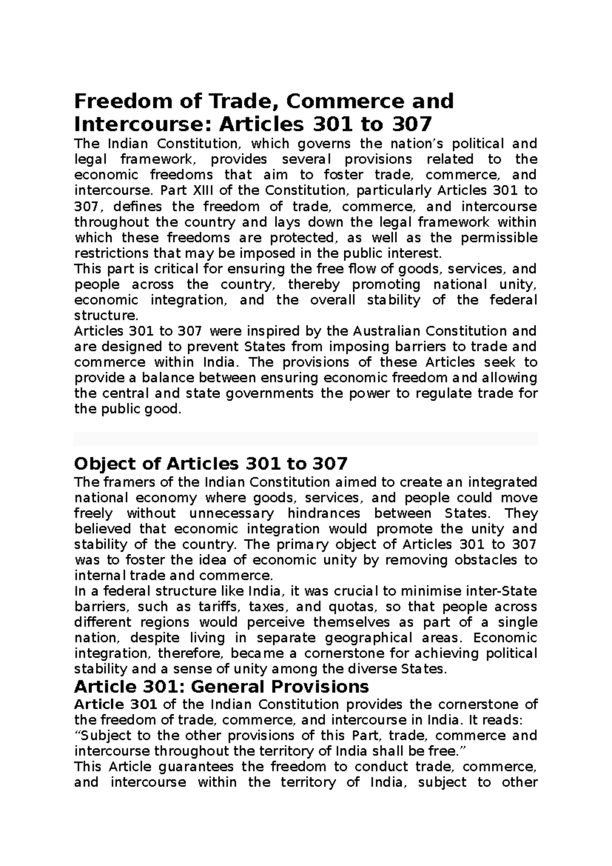 Freedom of Trade, Commerce, and Intercourse: Articles 301-307 Notes ...