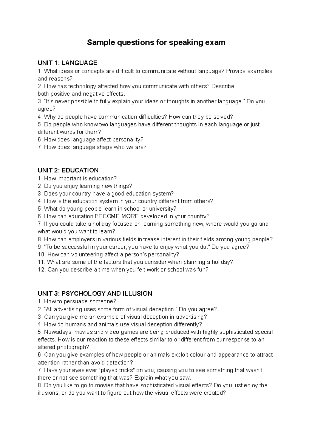 Speaking - Practice Final exam - Sample questions for speaking exam ...