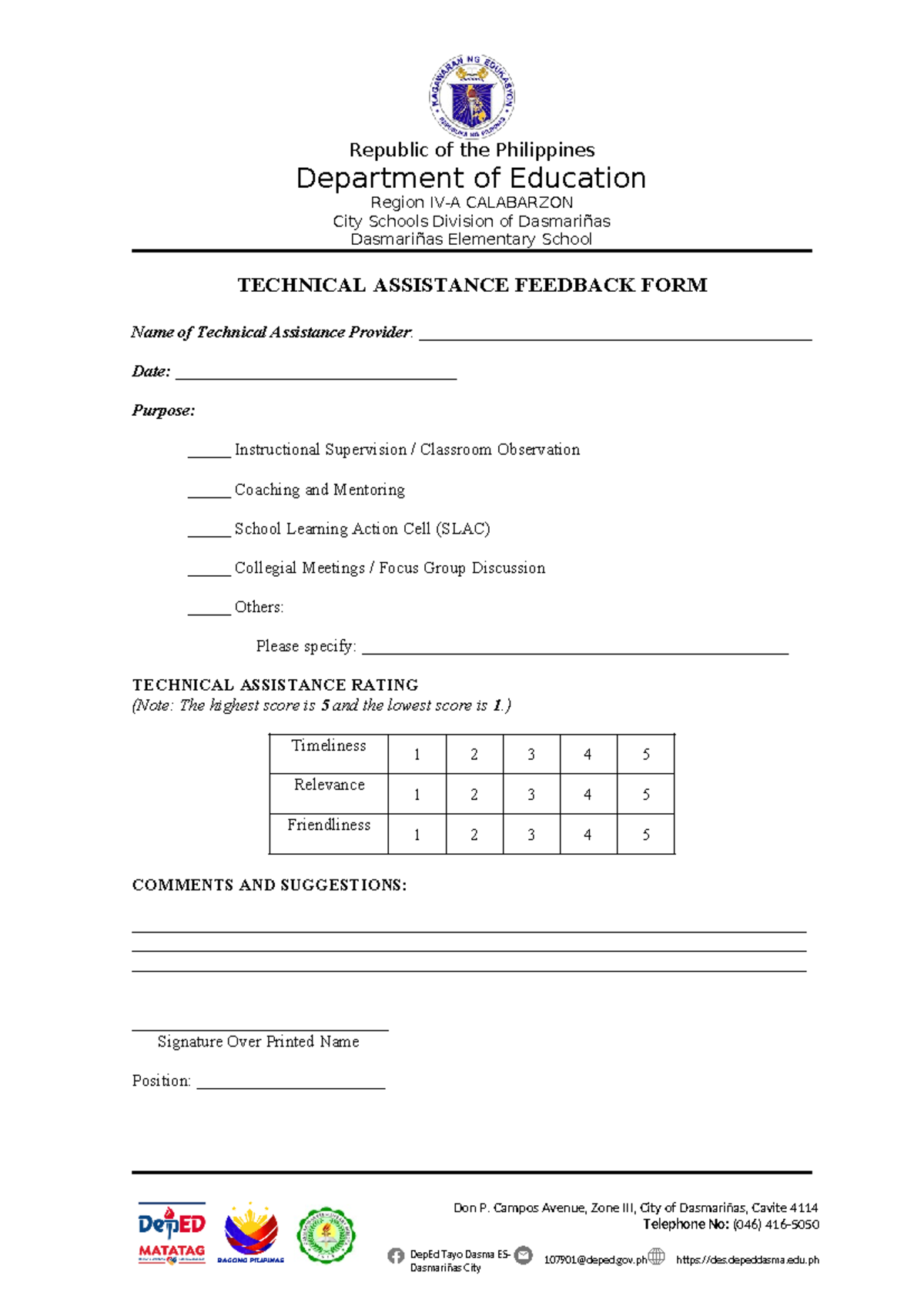 Technical Assistance Feedback Form - Dasmariñas Elementary School - Studocu