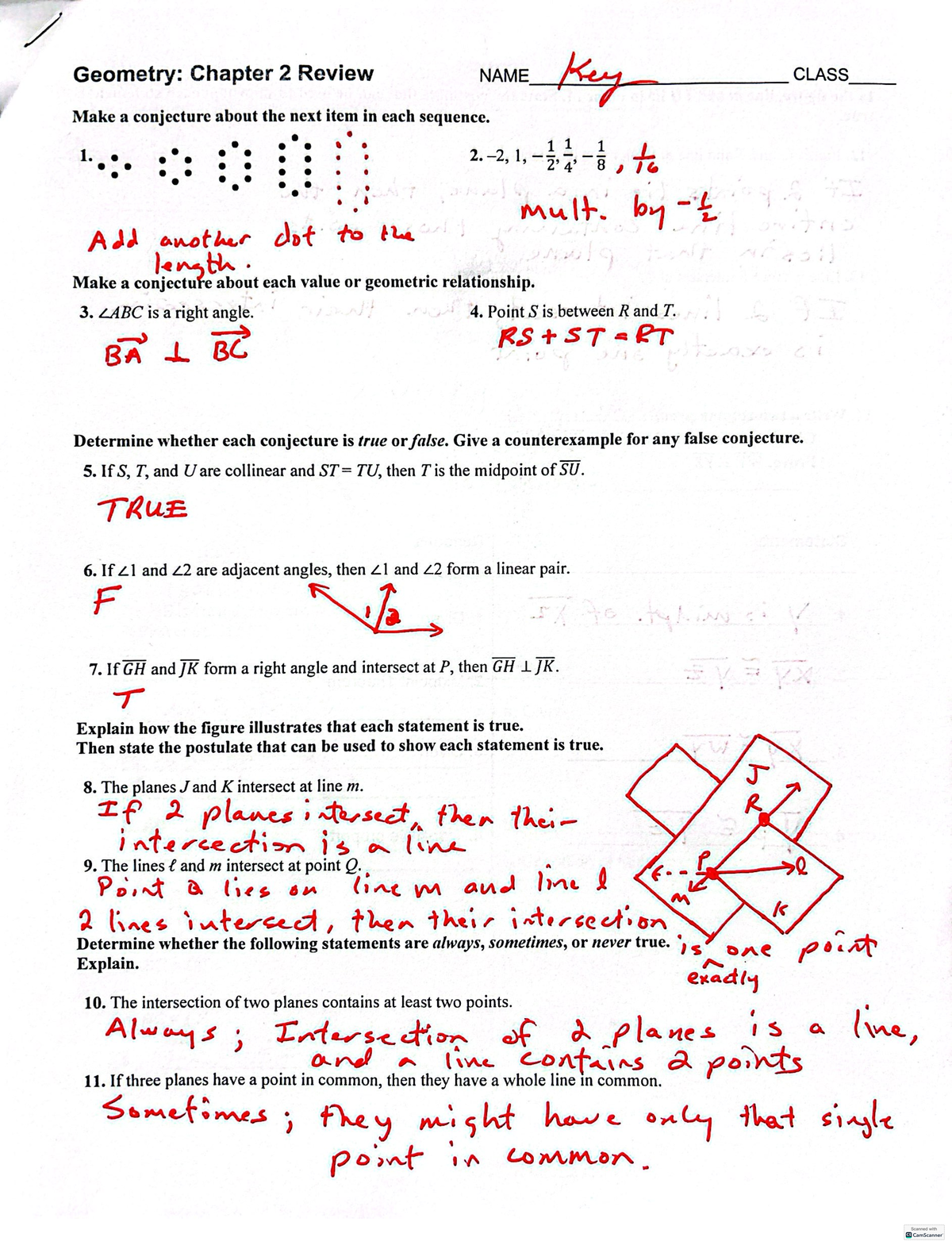 Geo Ch. 2 Review answers - Geometry: Chapter 2 Review NAME Key CLASS ...