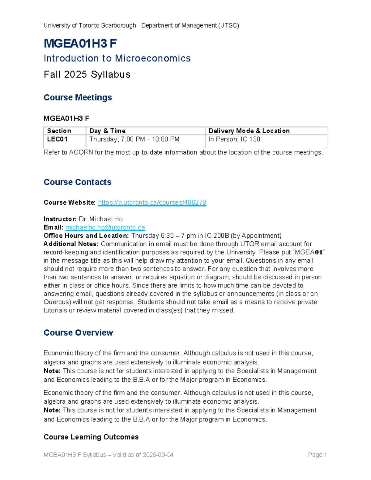 MGEA01H3 F - Introduction to Microeconomics Fall 2025 Syllabus - Studocu