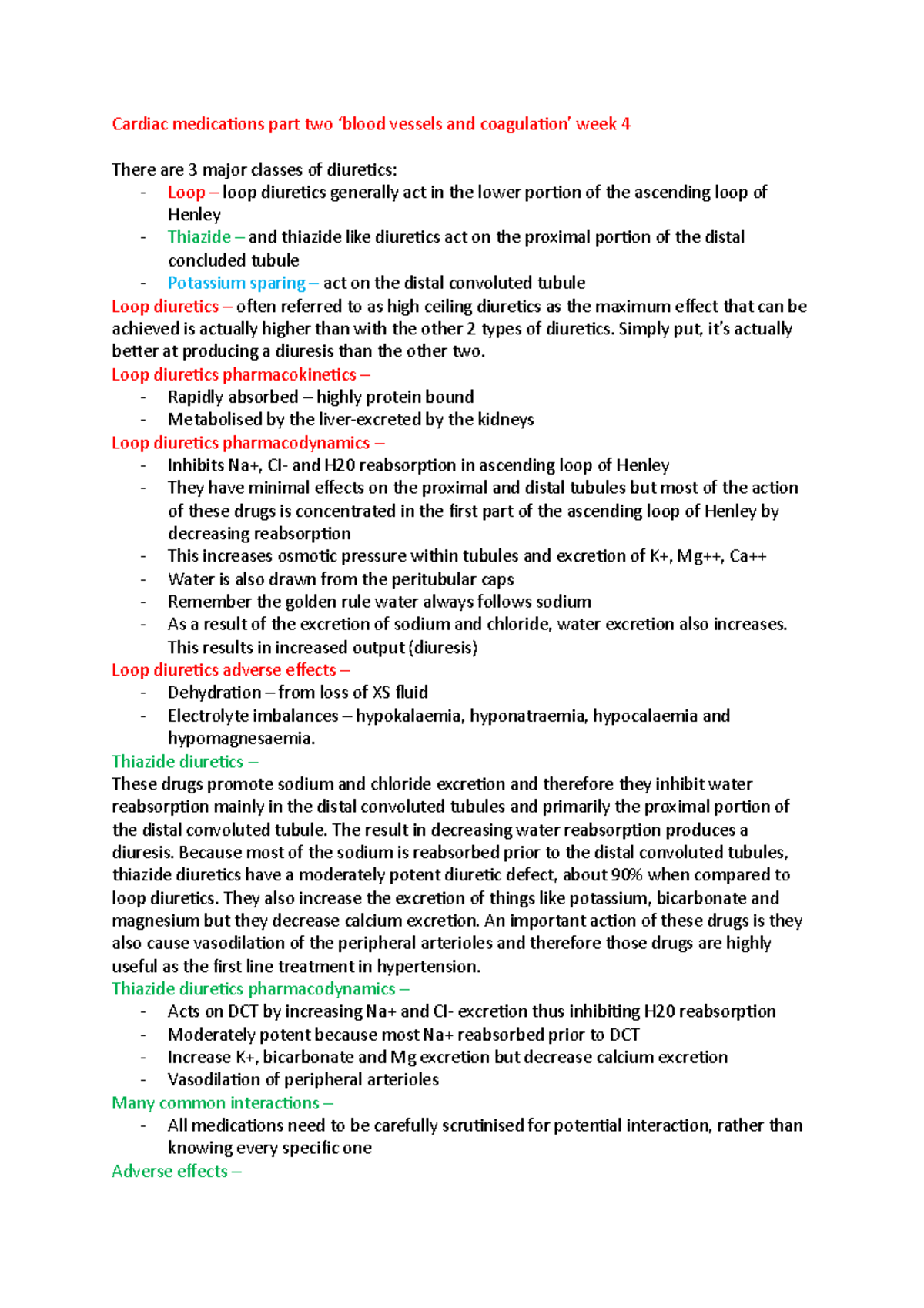WEEK 4 HNN215 EXAM Notes - Cardiac medications part two ‘blood vessels ...