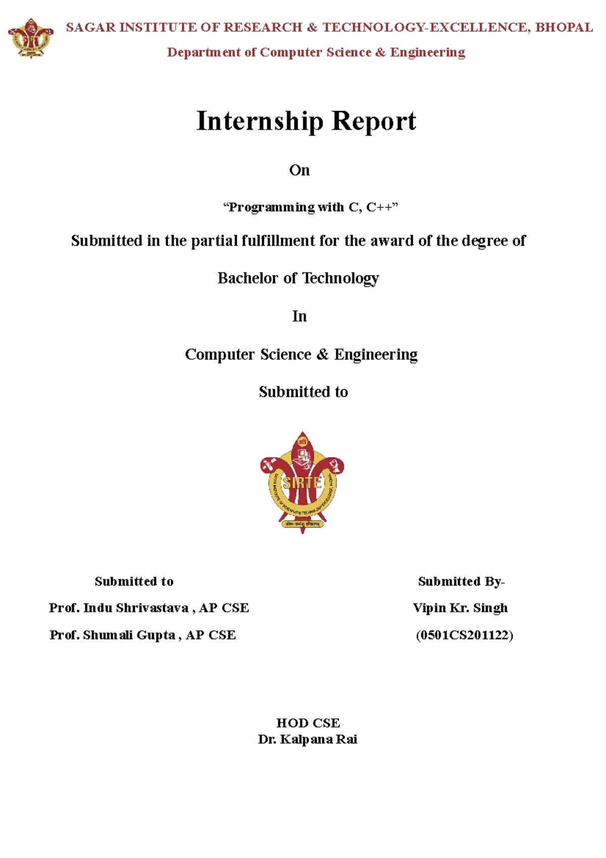 Internship Report Format (1) - Internship Report On “Programming with C ...