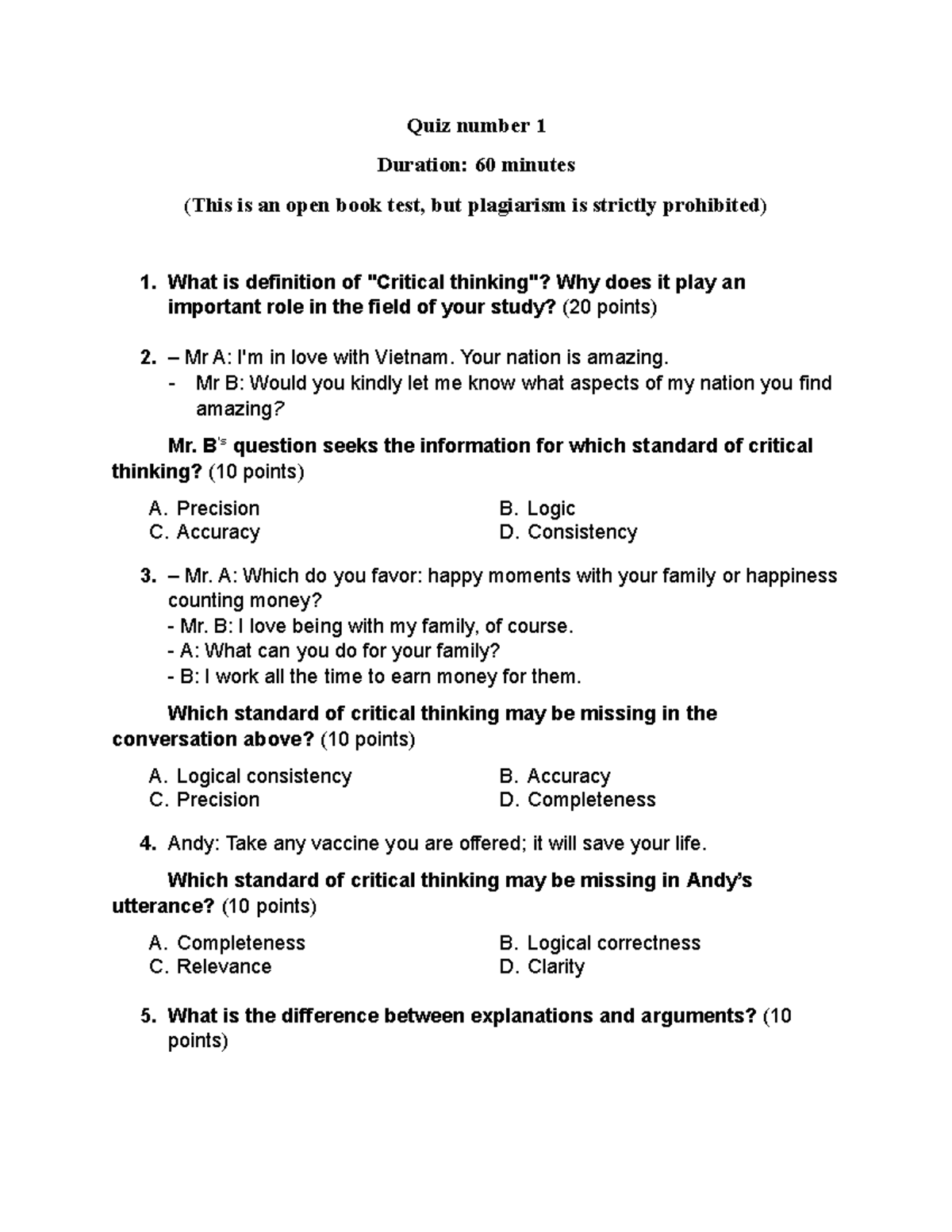 Quiz 1 - Critical Thinking Standards (DFDFVXDC) - Studocu