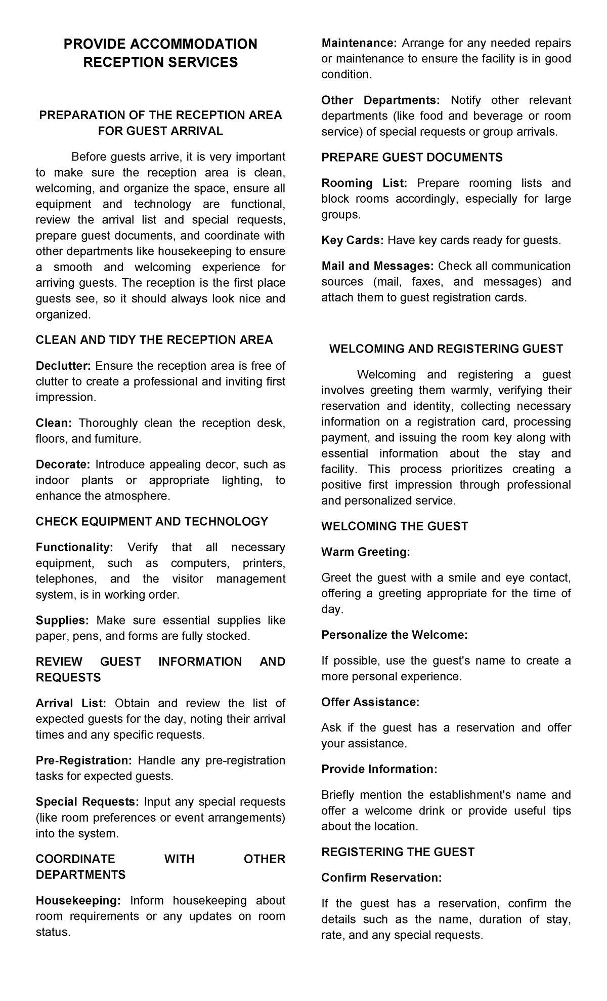 PROVIDE ACCOMMODATION RECEPTION SERVICES: A Comprehensive Guide - Studocu