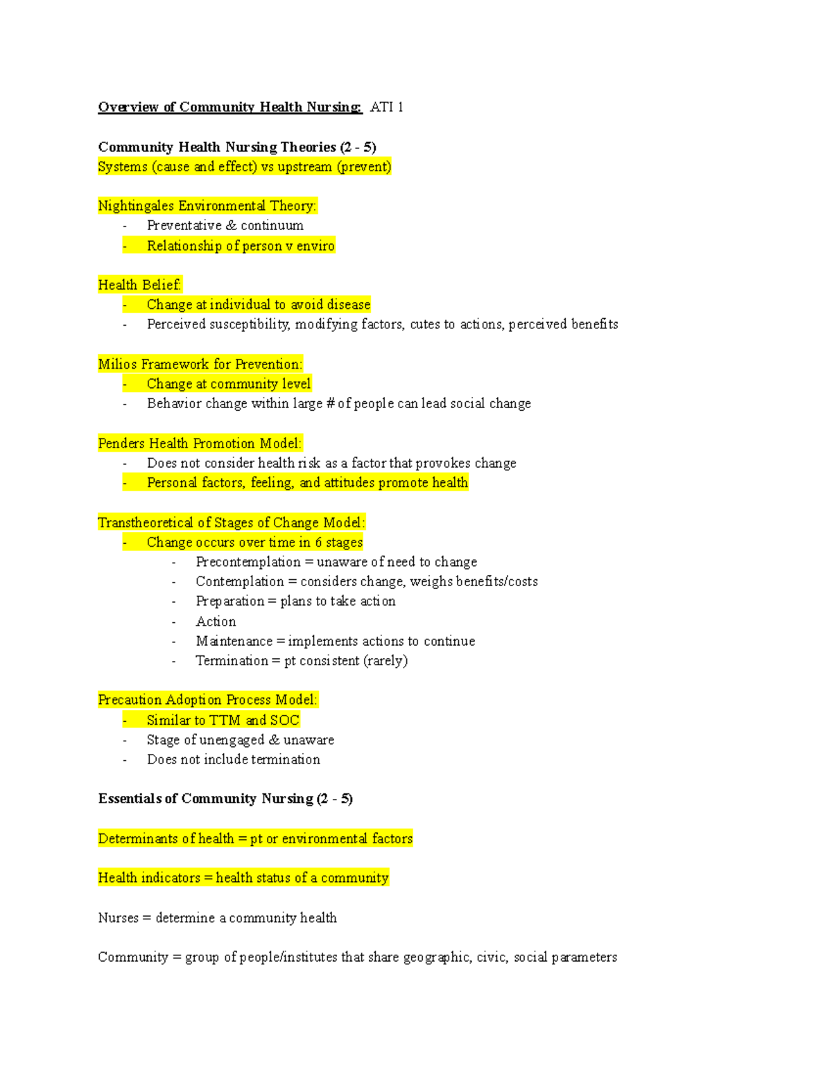Community Health Nursing Exam 1 Review - Key Theories & Concepts - Studocu