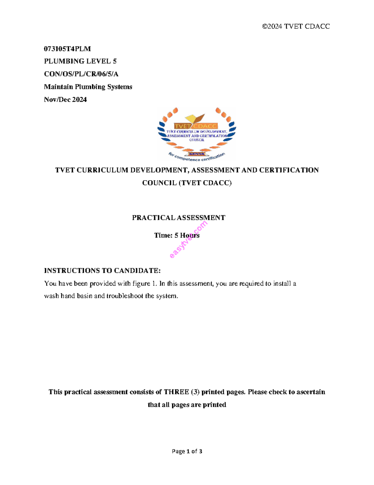 TVET CDACC 073105T4PLM Plumbing Level 5 Practical Assessment 2024 - Studocu