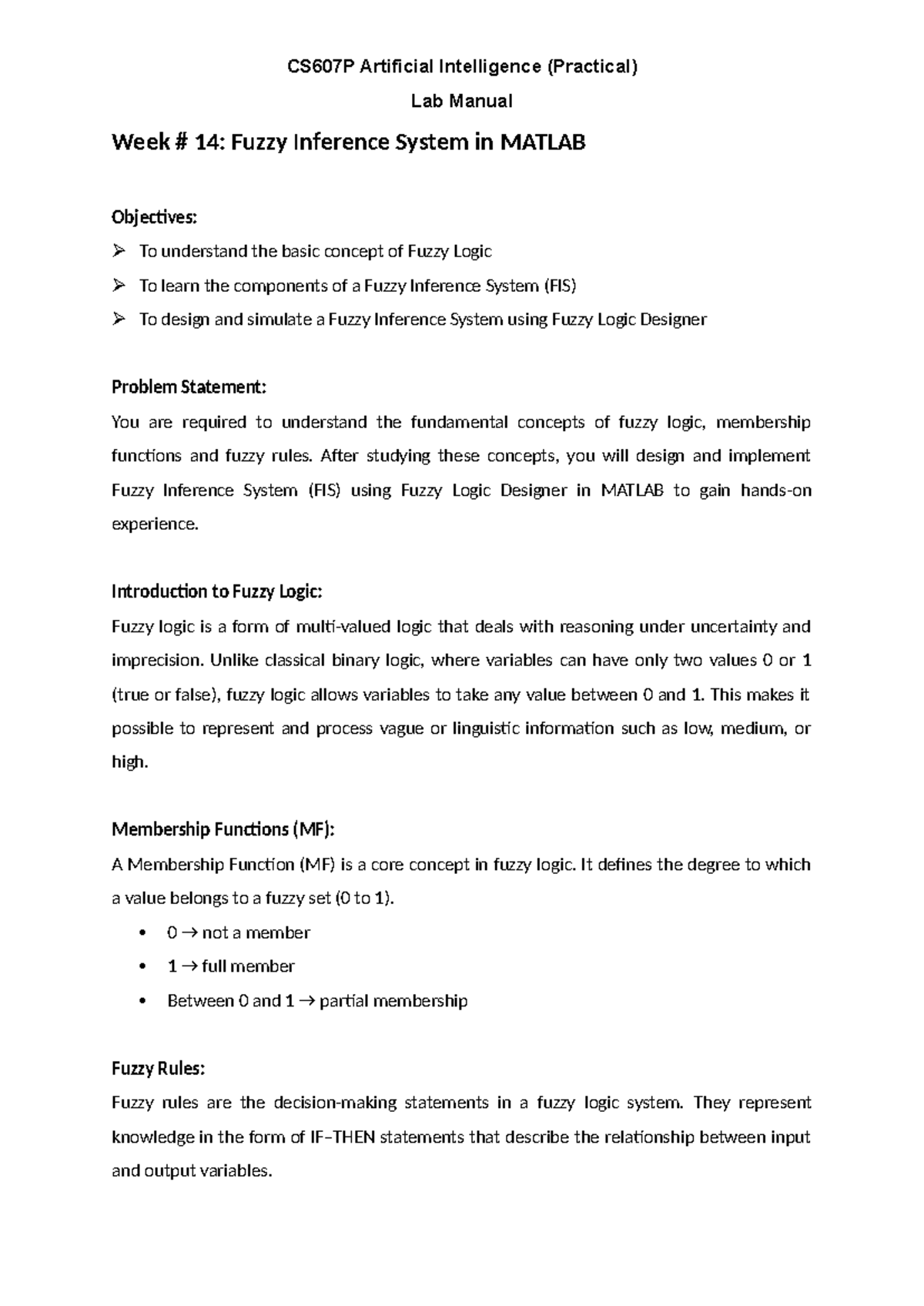 CS607P AI Practical Lab Manual: Week 14 Fuzzy Inference System in ...