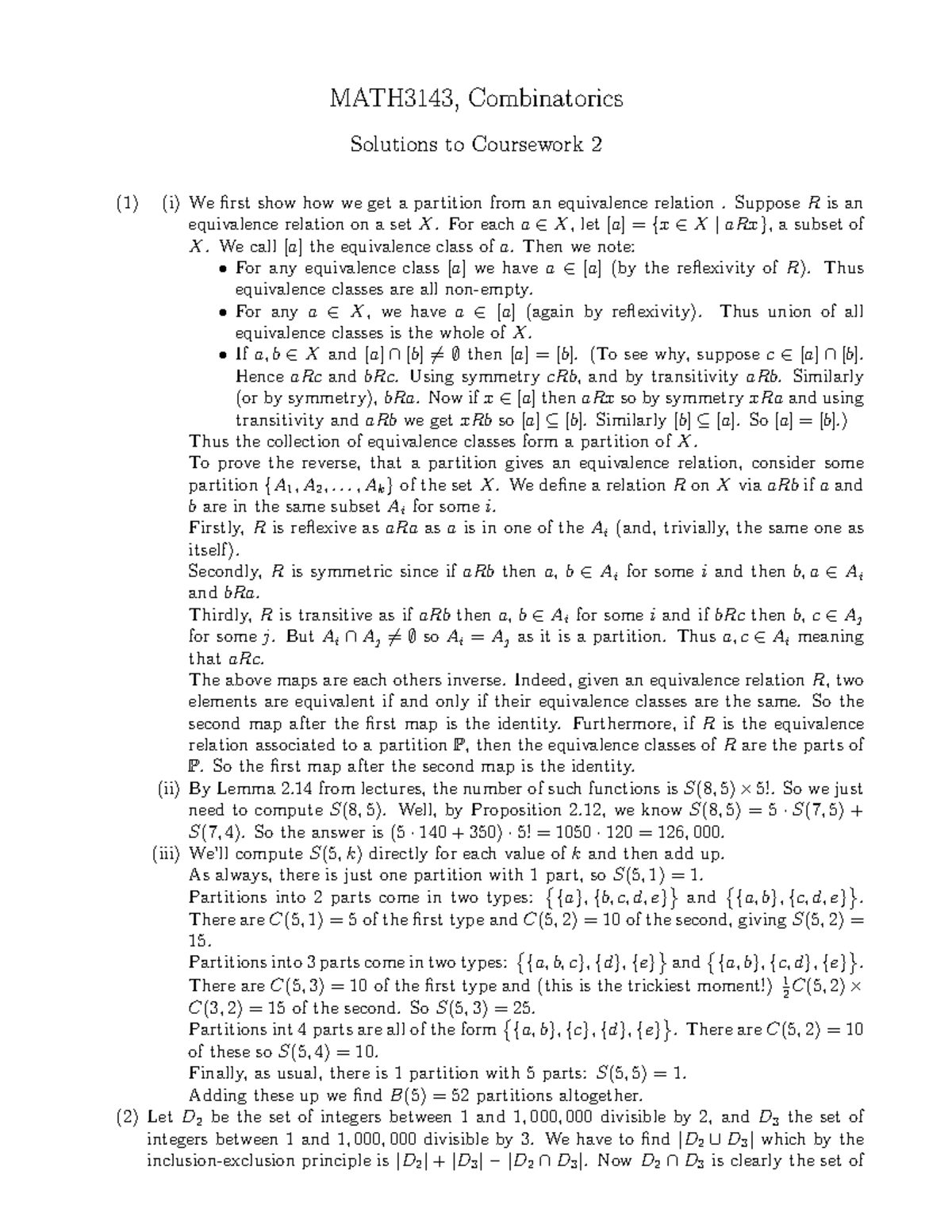Solutions Course Work 3143Two - MATH3143, Combinatorics Solutions to ...