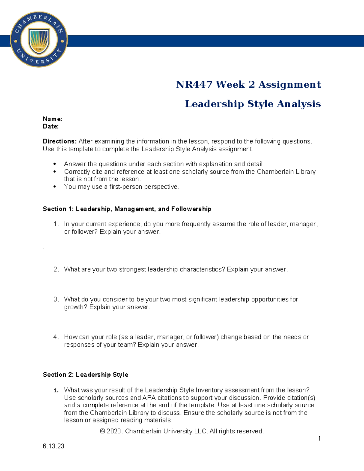 NR447 Week 2 Leadership Style Analysis Assignment Guide - Studocu
