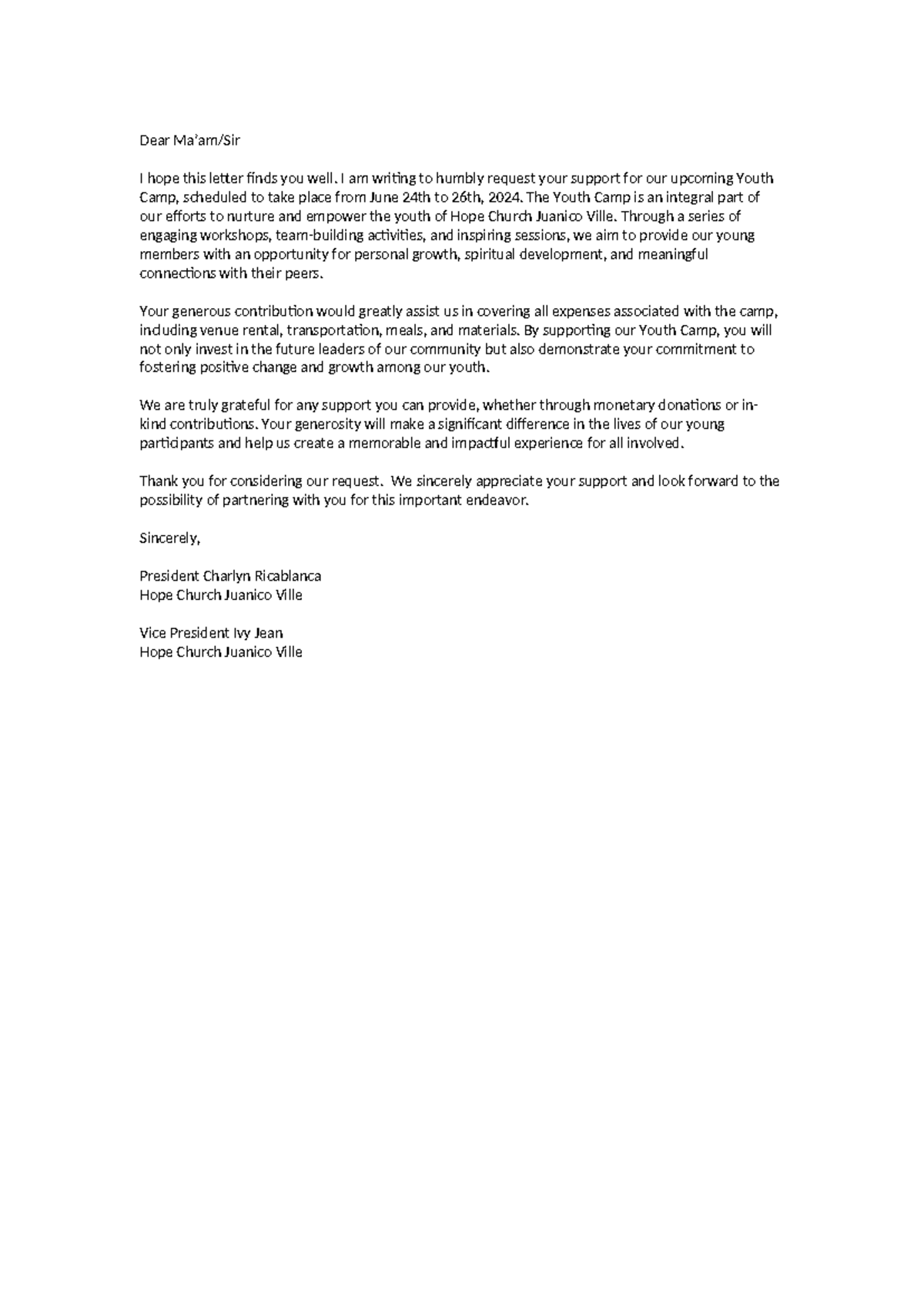 Solicitation Letter - ASD - Dear Ma’am/Sir I hope this letter finds you ...