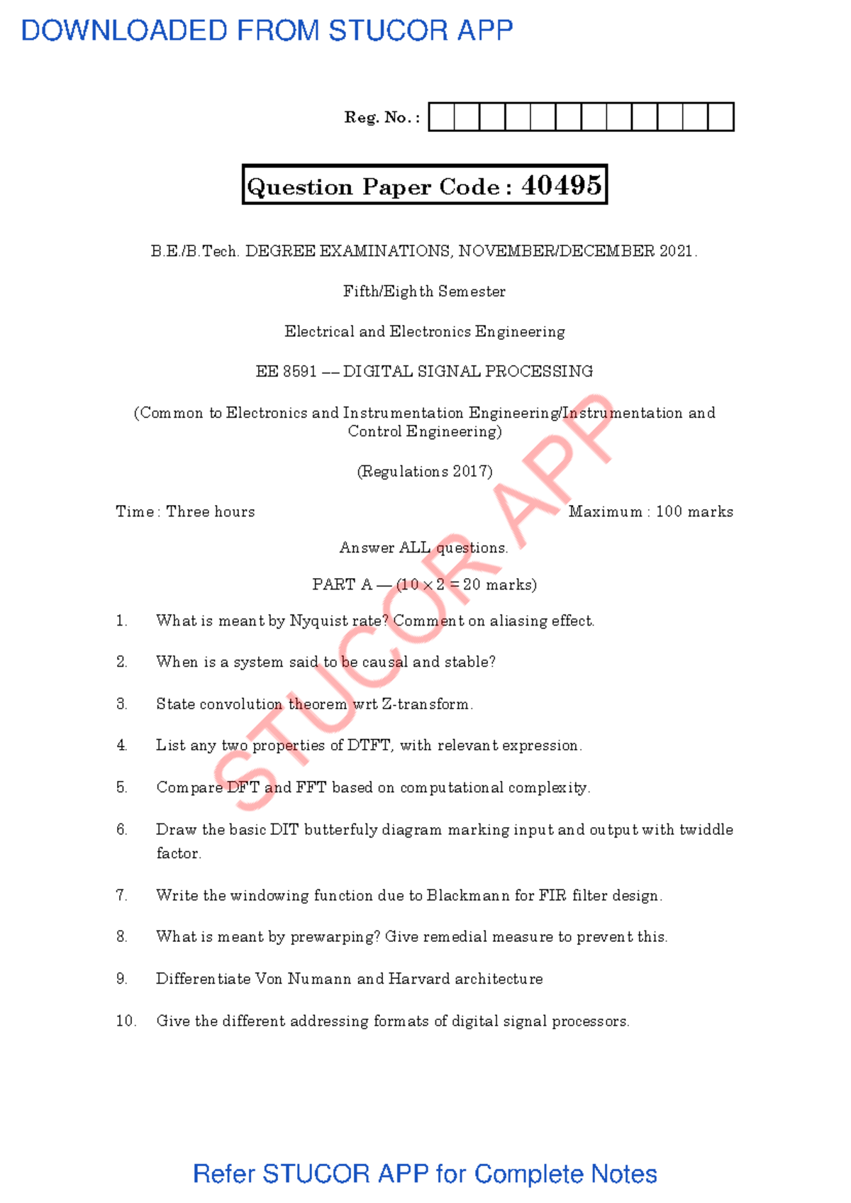 EE 8591 Digital Signal Processing - Question Paper 40495 & X10402 - Studocu