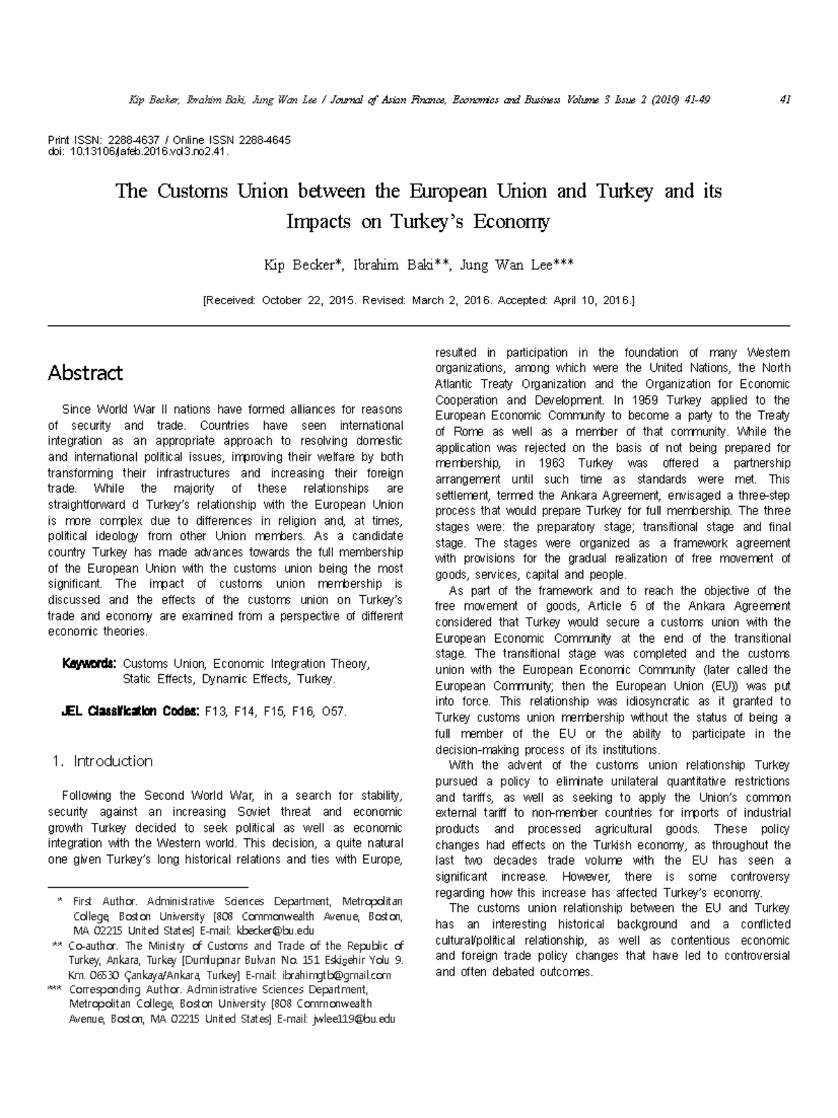 The Customs Union between the EU and Turkey: Economic Impacts and ...