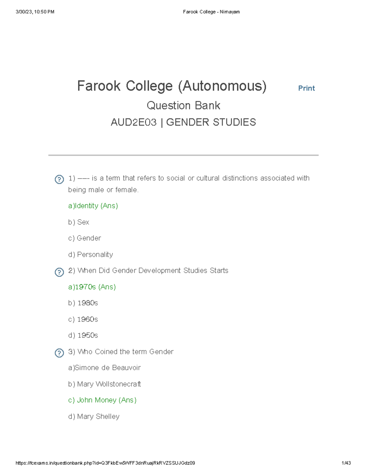 AUD2E03 Gender Studies Question Bank - Comprehensive Review - Studocu