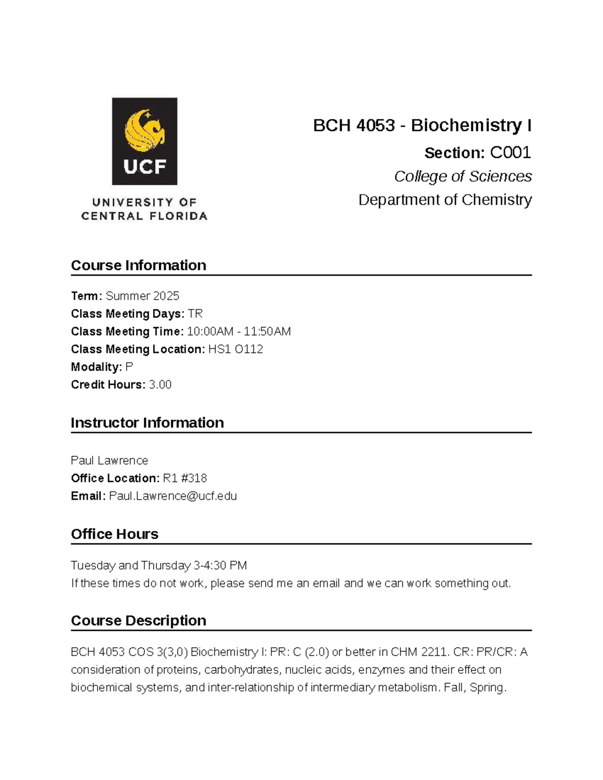 BCH 4053 Biochemistry I Syllabus - Summer 2025 (Section C001) - Studocu