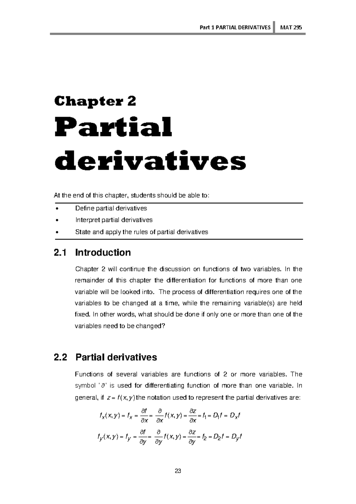 Chapter 2: Partial Derivatives Overview - MAT 295 - Studocu