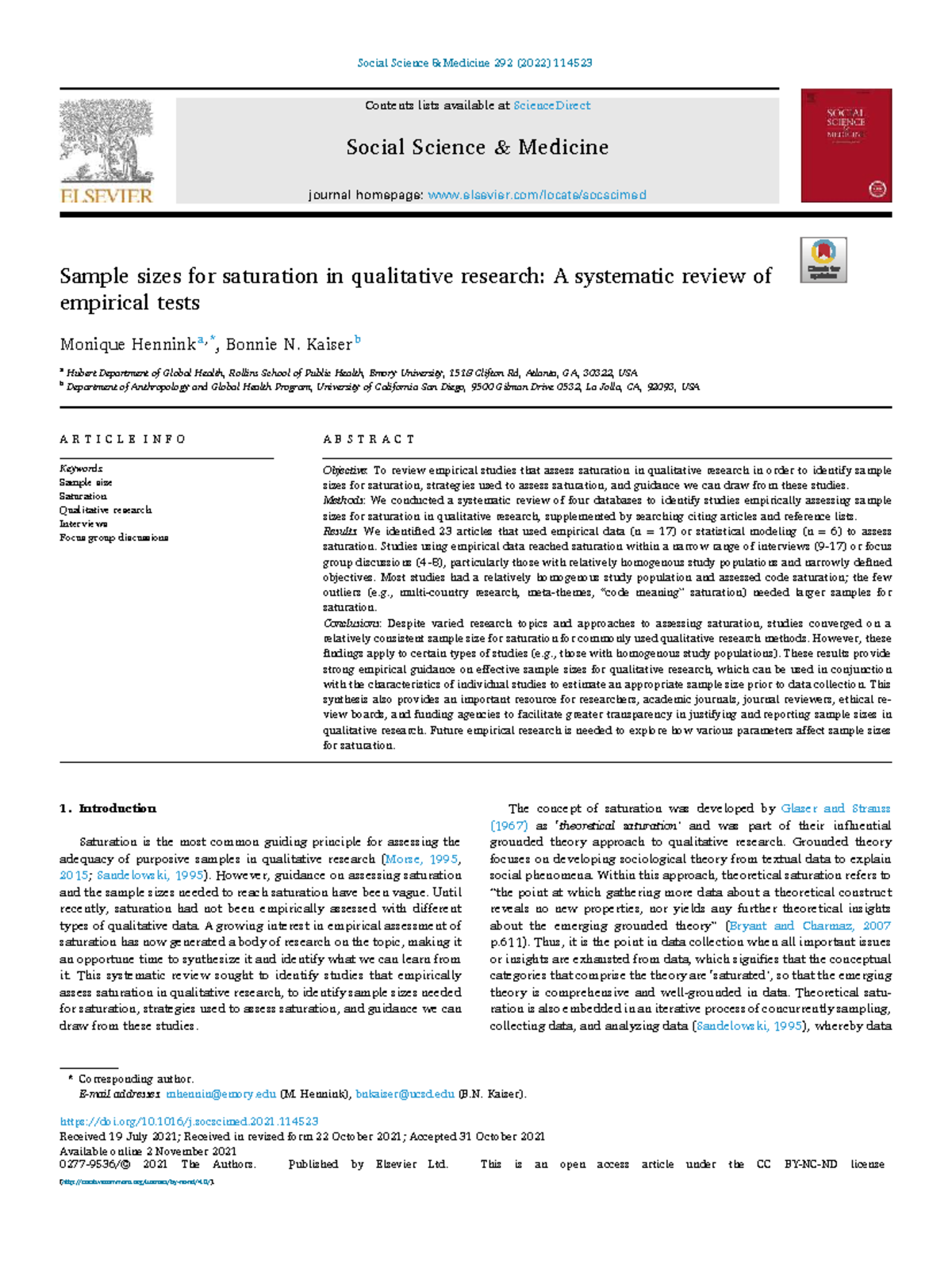 Sample Sizes for Saturation in Qualitative Research: A Systematic ...