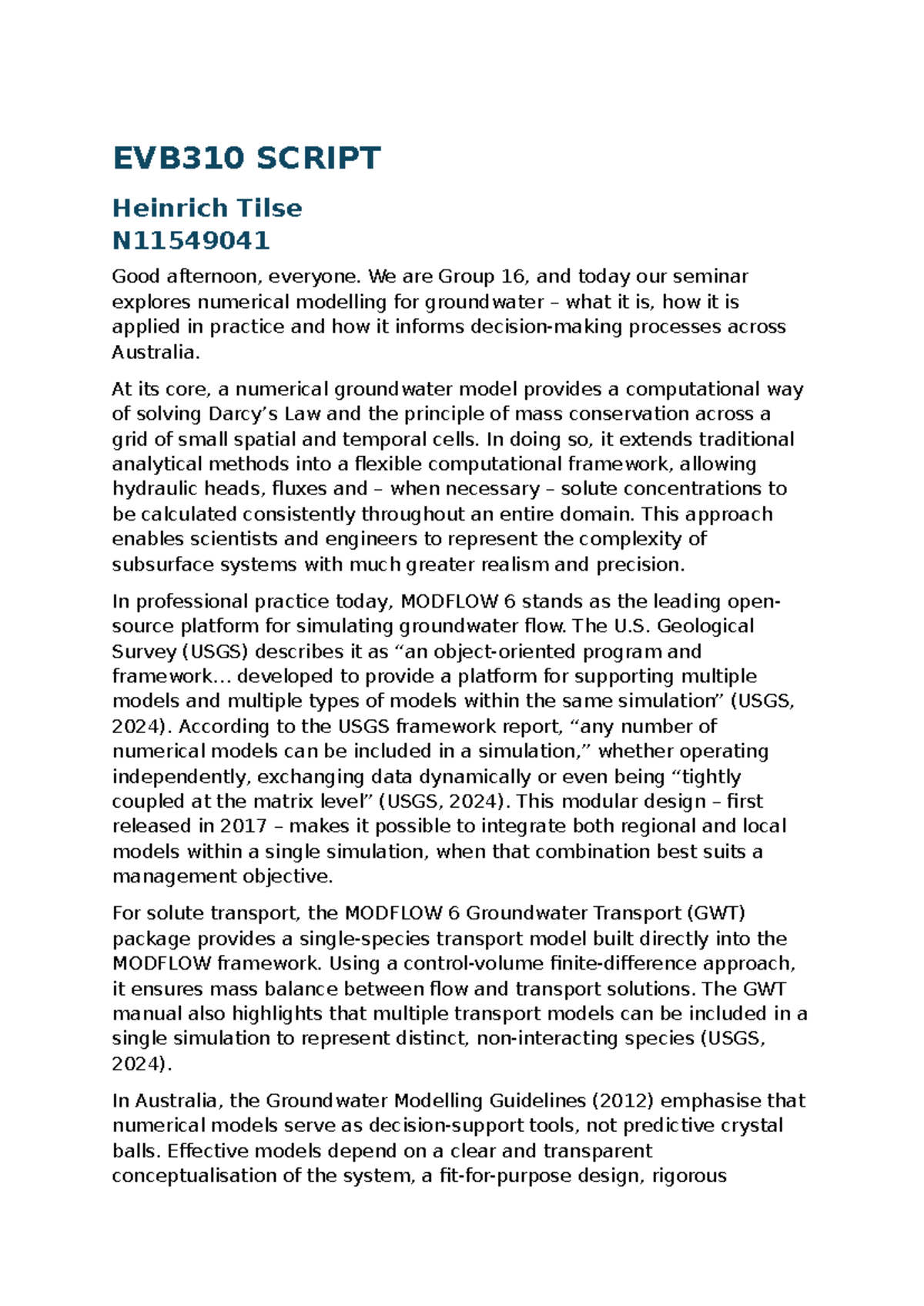 EVB310 Seminar Script: Numerical Modelling for Groundwater - Studocu