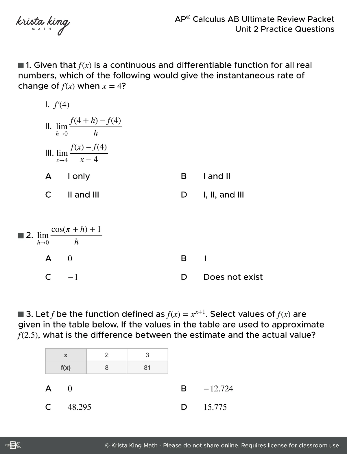 AP Calculus AB Unit 1 Study Guide: Understanding Limits and Continuity ...