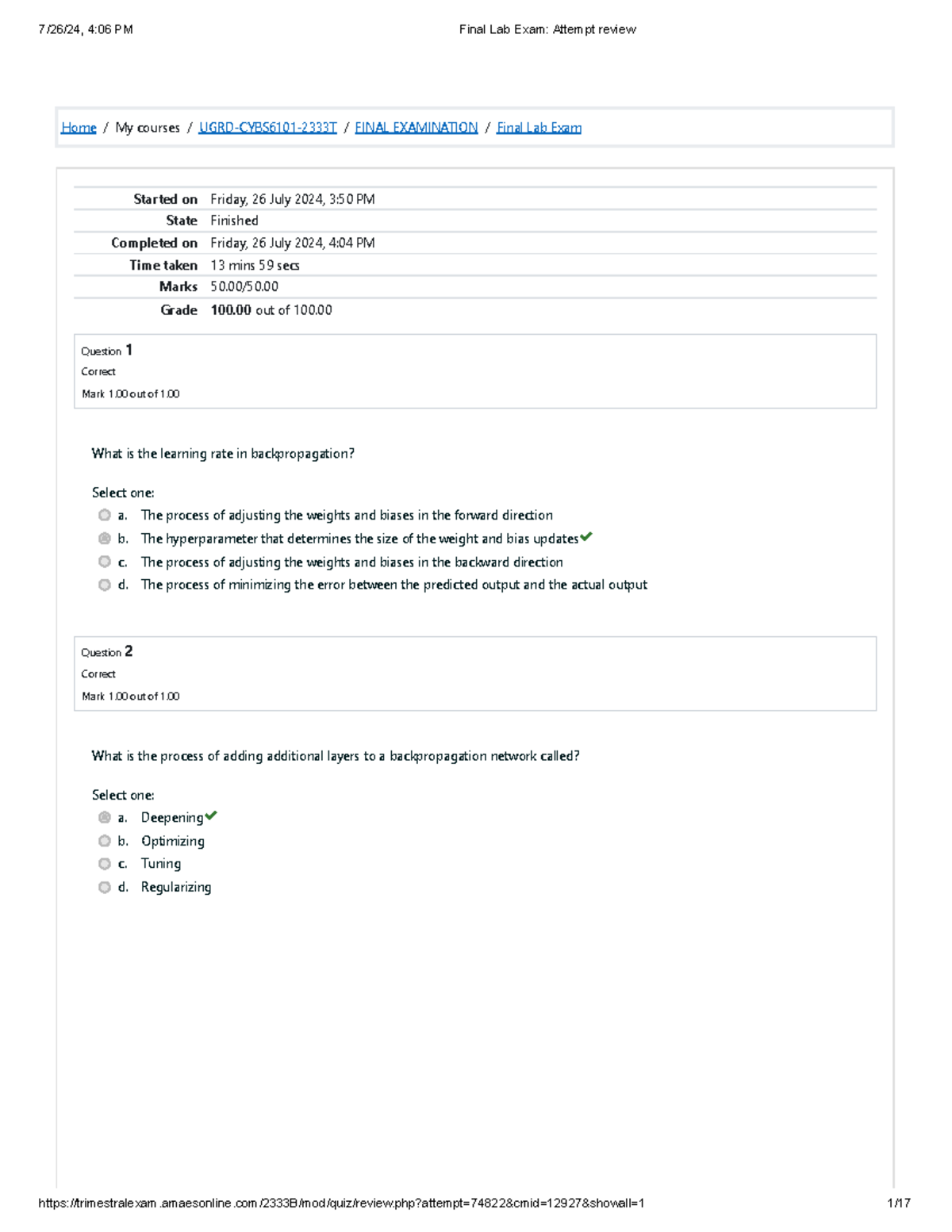 Final Lab Exam Attempt review - Home / My courses / UGRD-CYBS6101-2333T ...