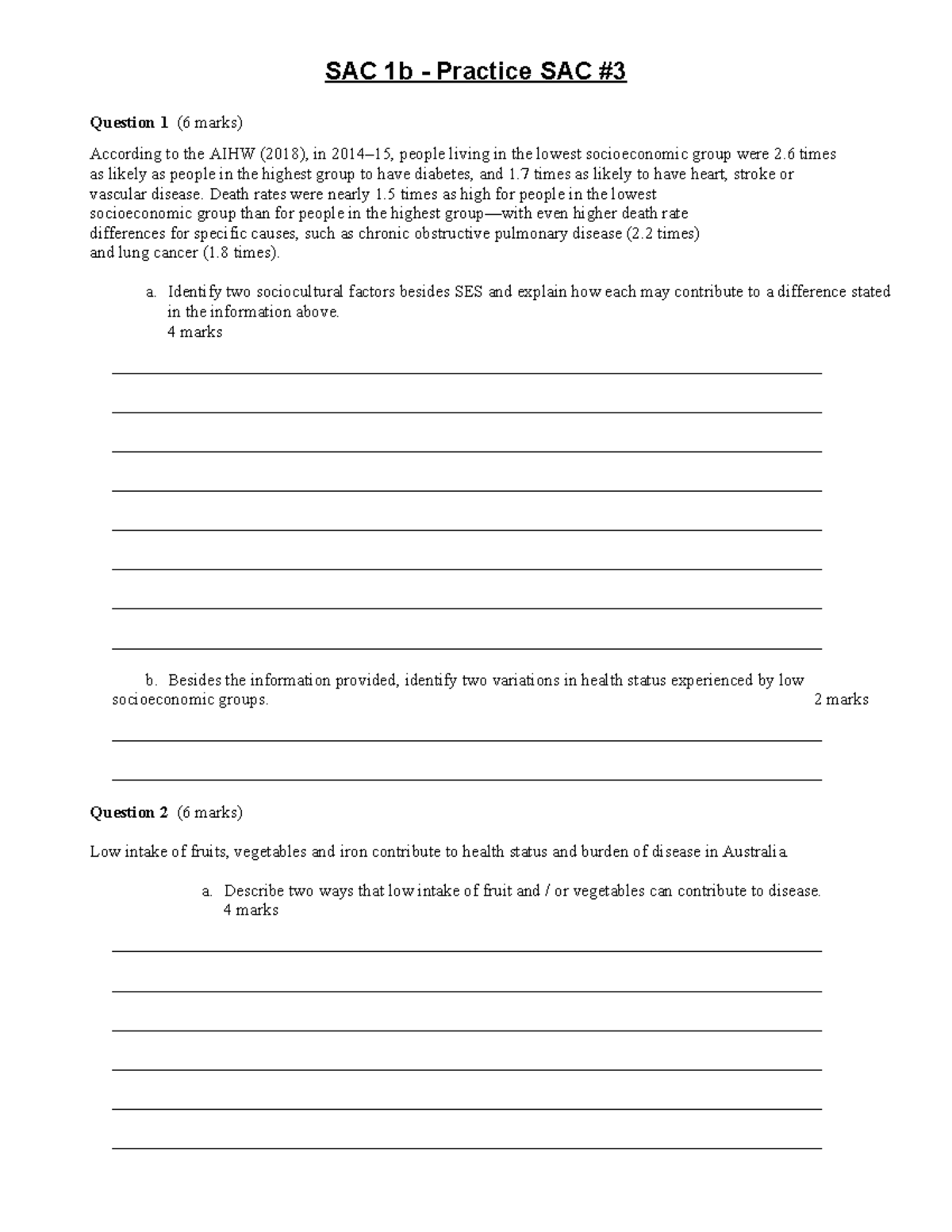 SAC 1b - Practice SAC Questions on Socioeconomic Health Disparities ...