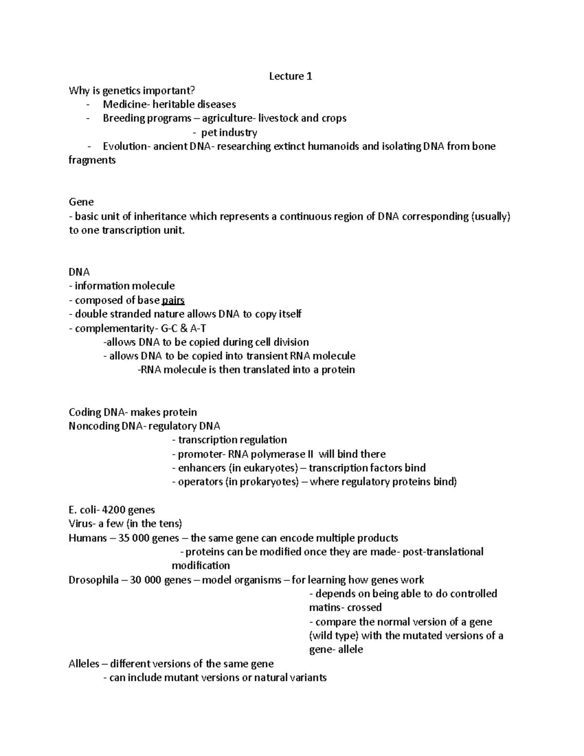 Genetics and Molecular Biology Lecture Notes (BIO101) - Studocu