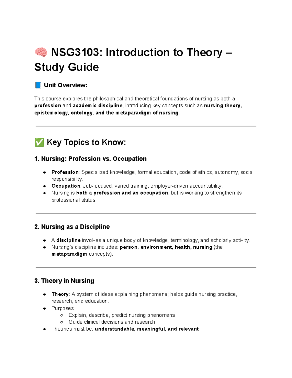 NSG3103: Introduction to nursing theory study guide and practice exam ...
