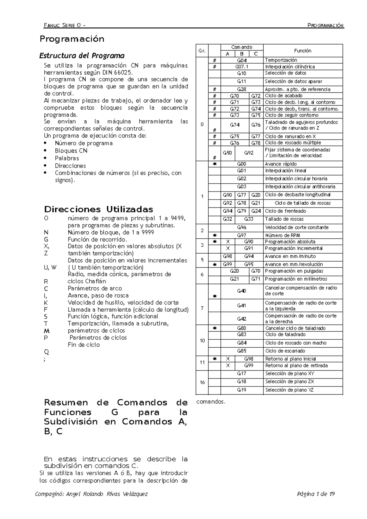 Programación FANUC 0 TC: Estructura y Comandos Esenciales - Studocu