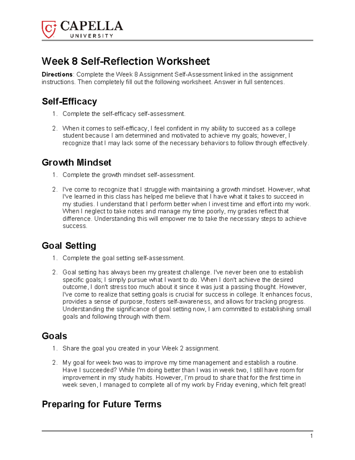 CF Week 8 Self-Reflection & Growth Mindset Insights - Studocu