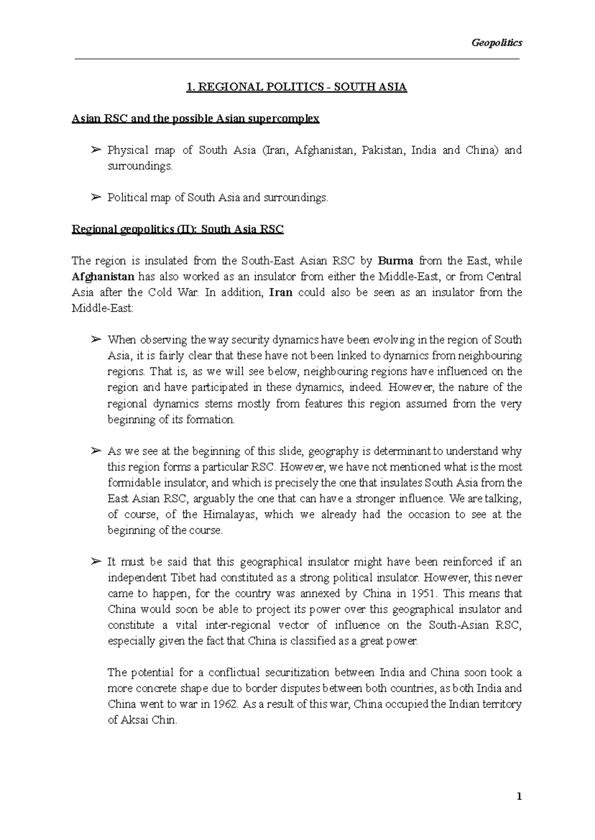 Theory of Geopolitics - Regions - 1. REGIONAL POLITICS - SOUTH ASIA ...