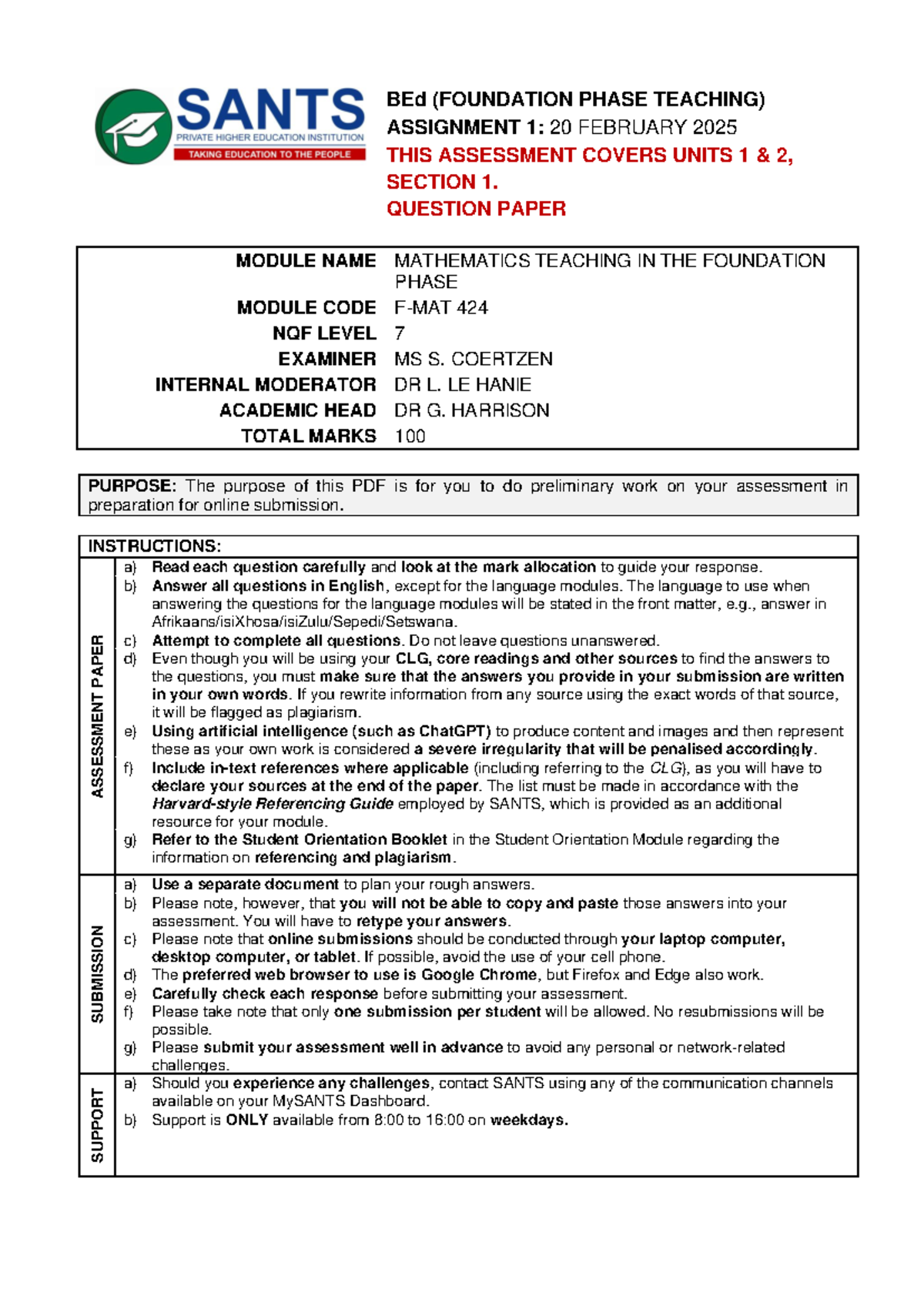 F-MAT 424 Assignment 1: Mathematics Teaching in Foundation Phase - Studocu