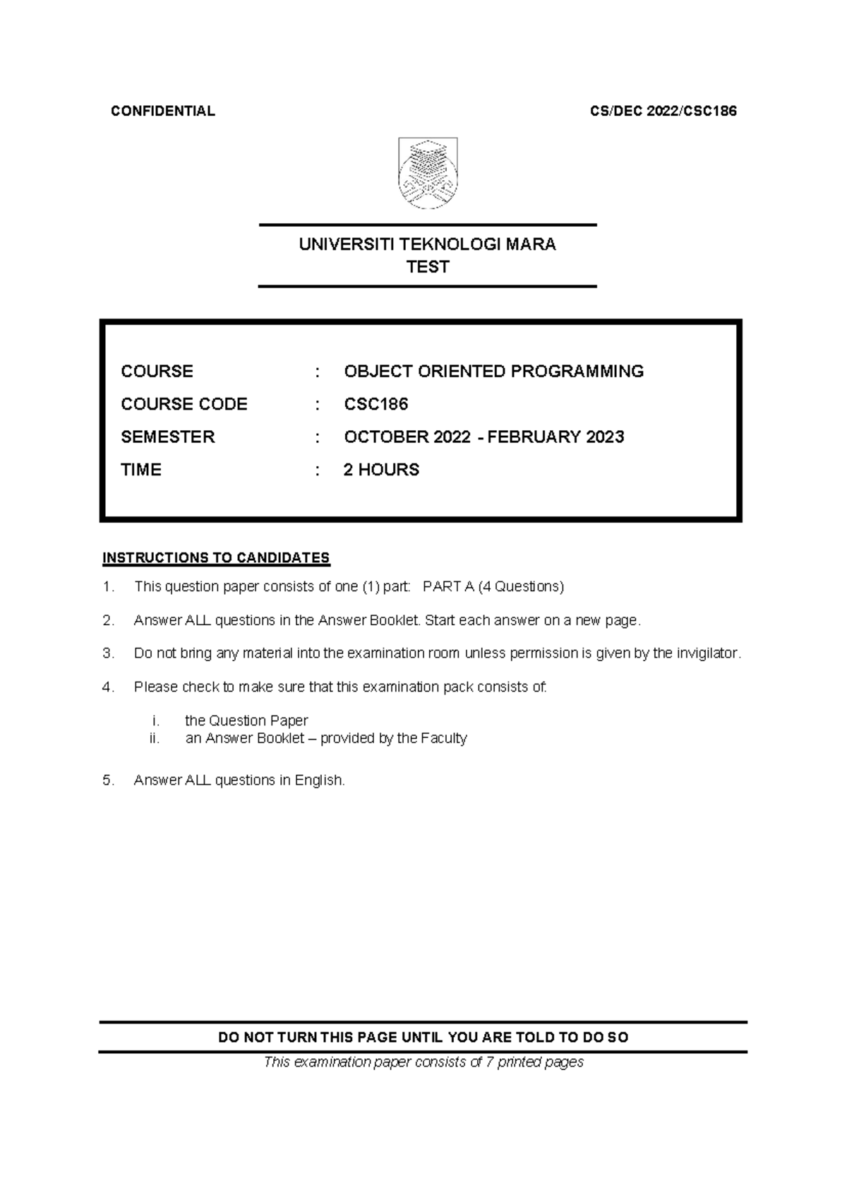 CSC186 - Test Paper: Object Oriented Programming Oct 2022 - Feb 2023 ...