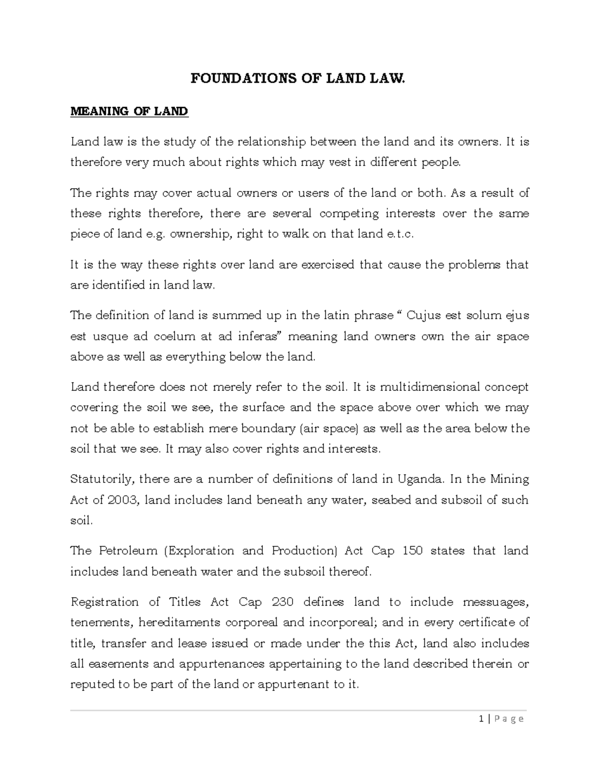 Land Law I Final Exam Class Notes: Foundations and Tenure Systems - Studocu