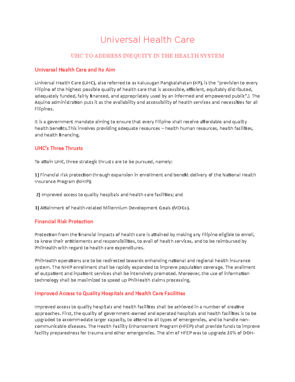 UHC 101: Lecture Notes on Universal Health Care Concepts - Studocu