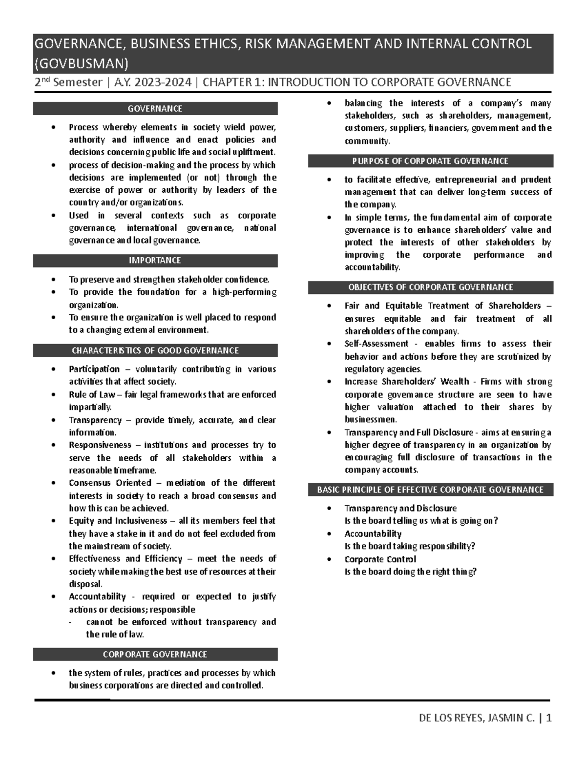 GOVBUSMAN Chapter 1 Review: Corporate Governance Essentials - Studocu
