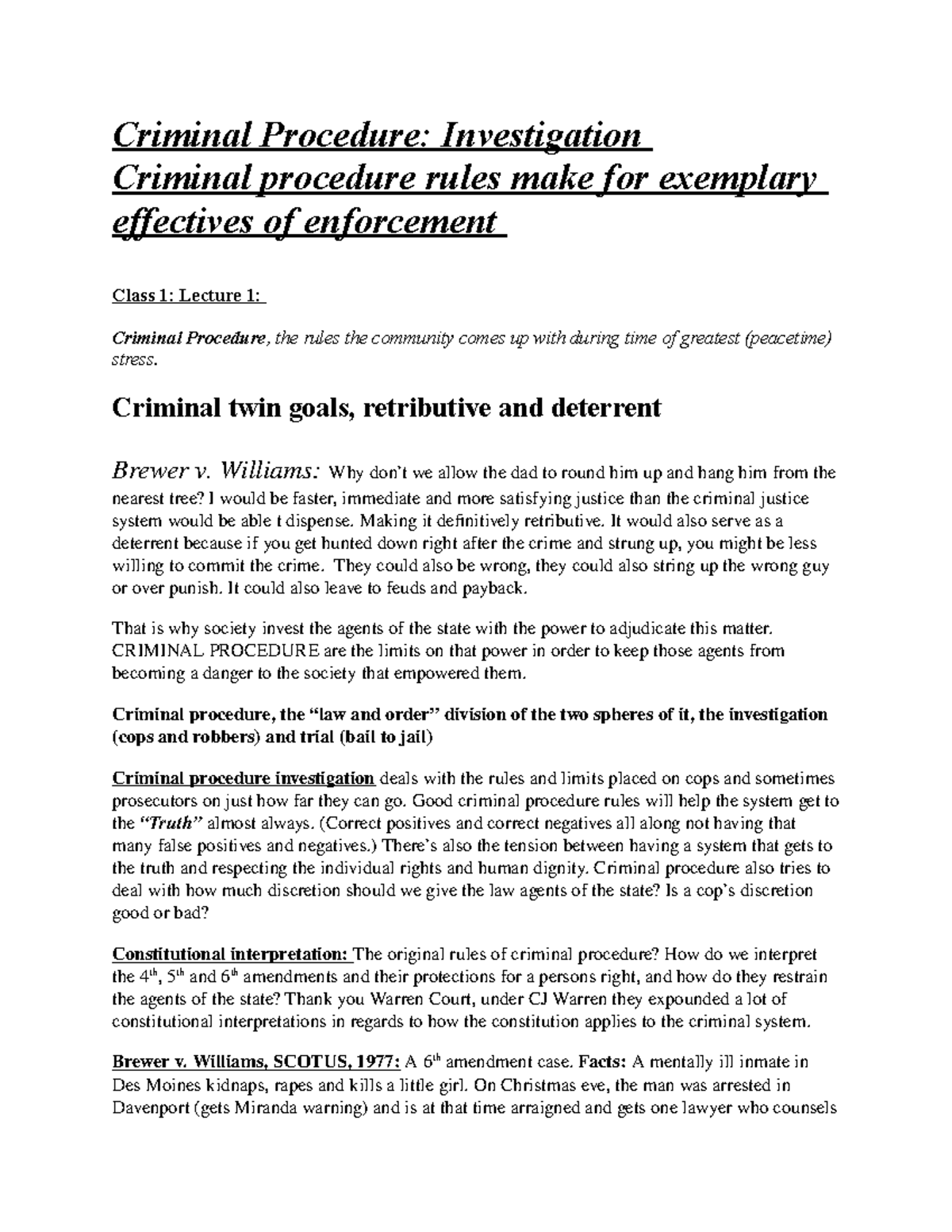 Criminal Procedure Lecture Notes - Criminal Procedure: Investigation ...