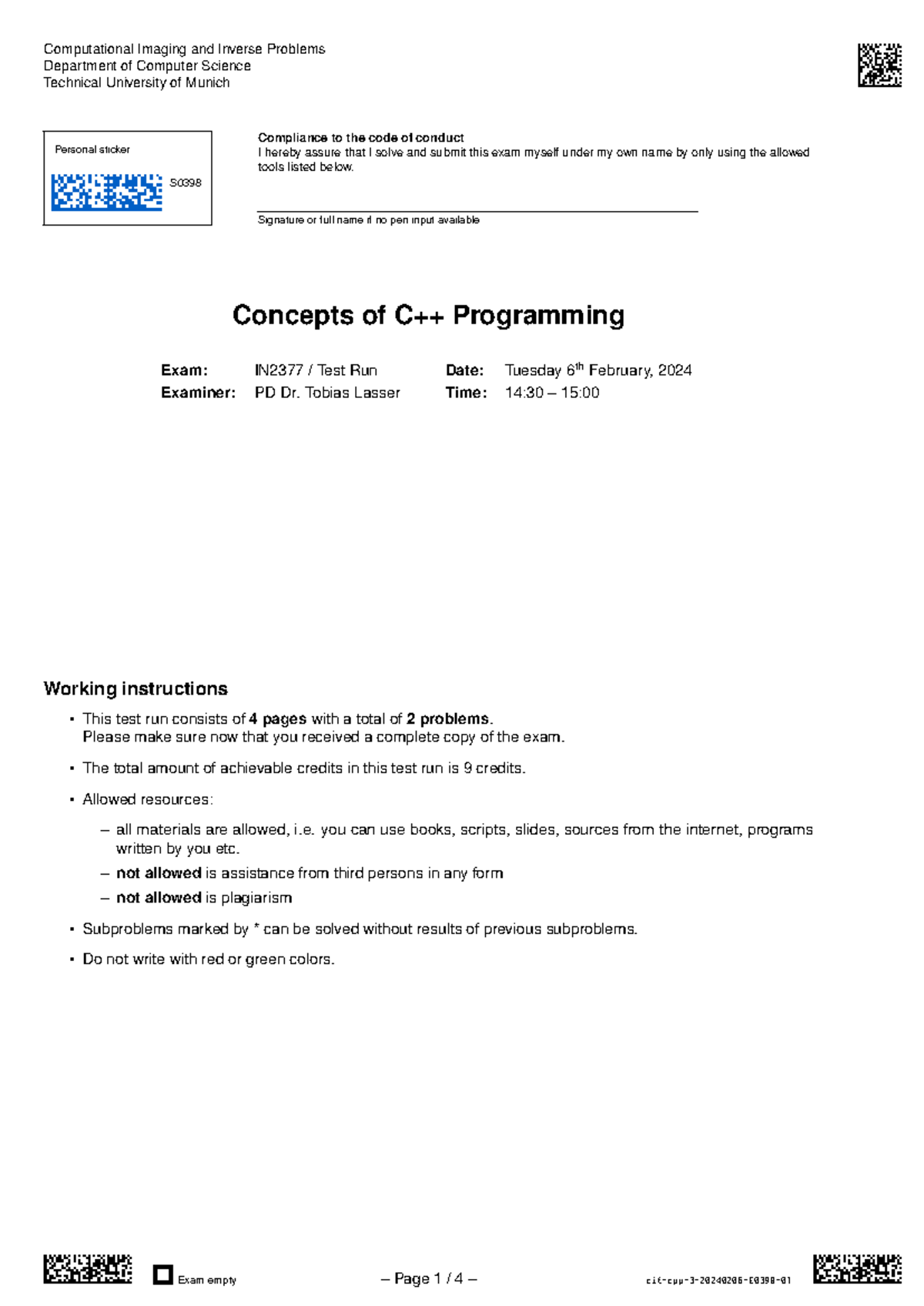 IN2377 C++ Programming Test Run Instructions and Warmup Problems - Studocu