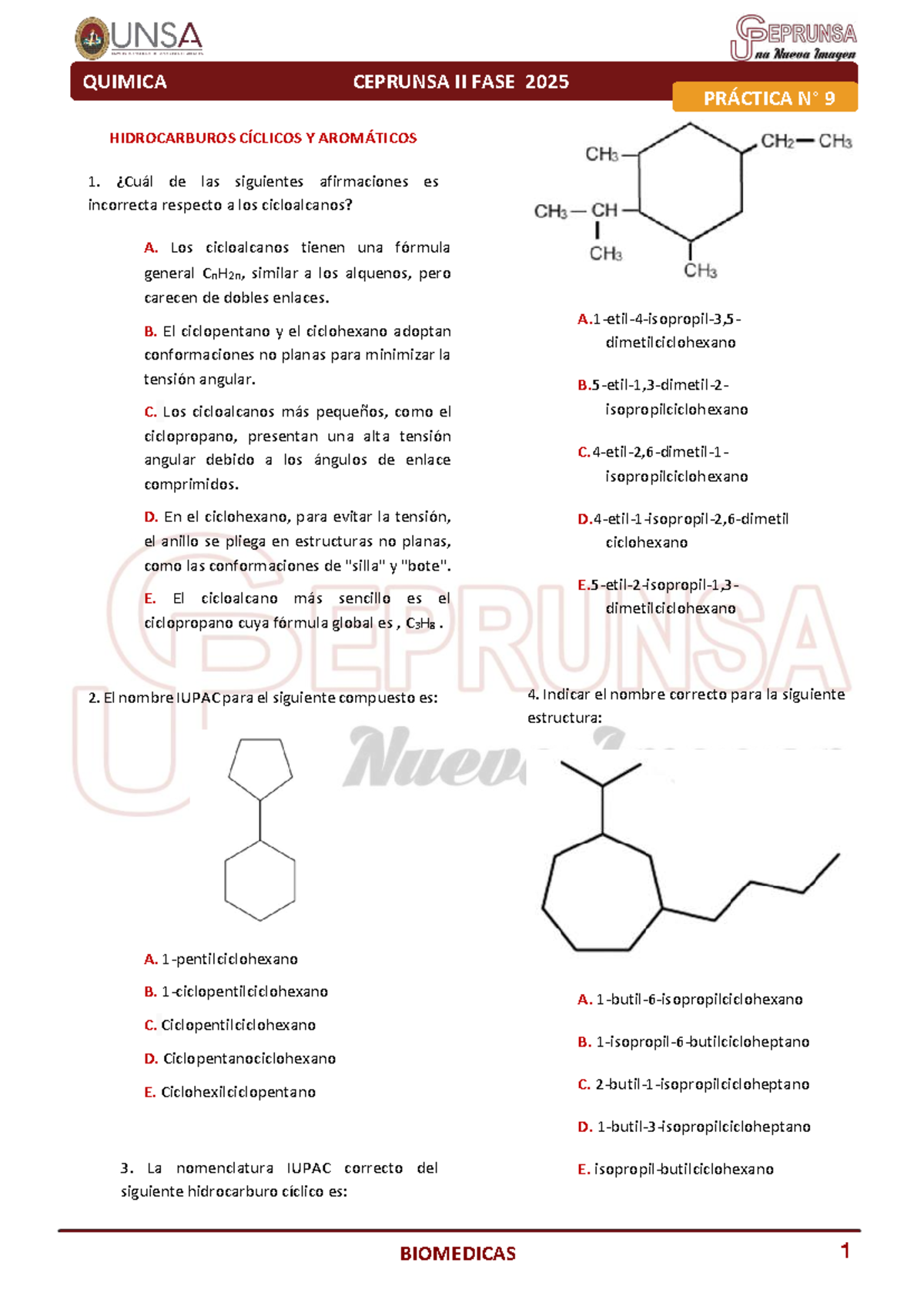 QUIMICA CEPRUNSA II FASE 2025 PRÁCTICA 9: HIDROCARBUROS CÍCLICOS Y AROMÁTICOS - Document Preview