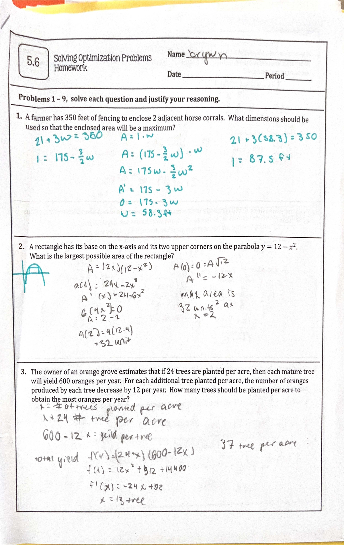 HW 5.6: Optimization Problems Solutions and Justifications - Studocu