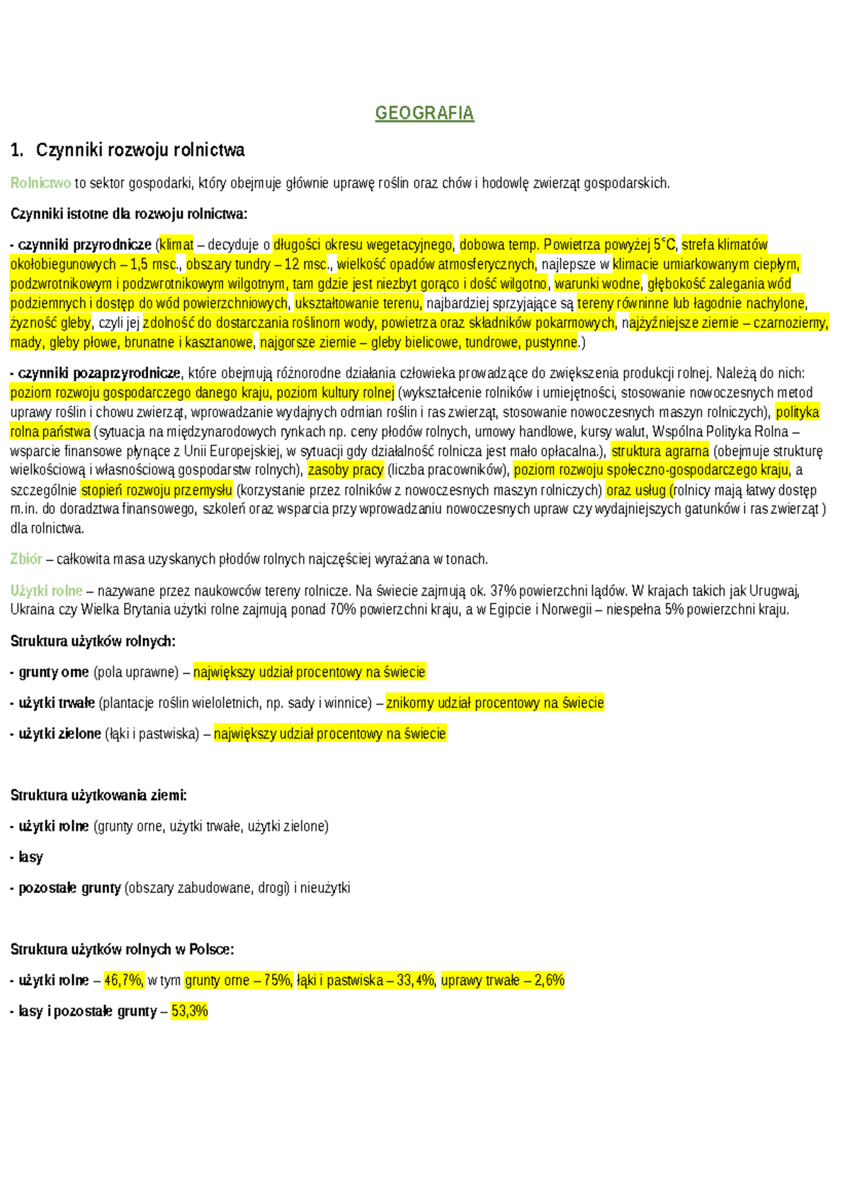 Sprawdzian Z Geografii Warunki Rozwoju Rolnictwa