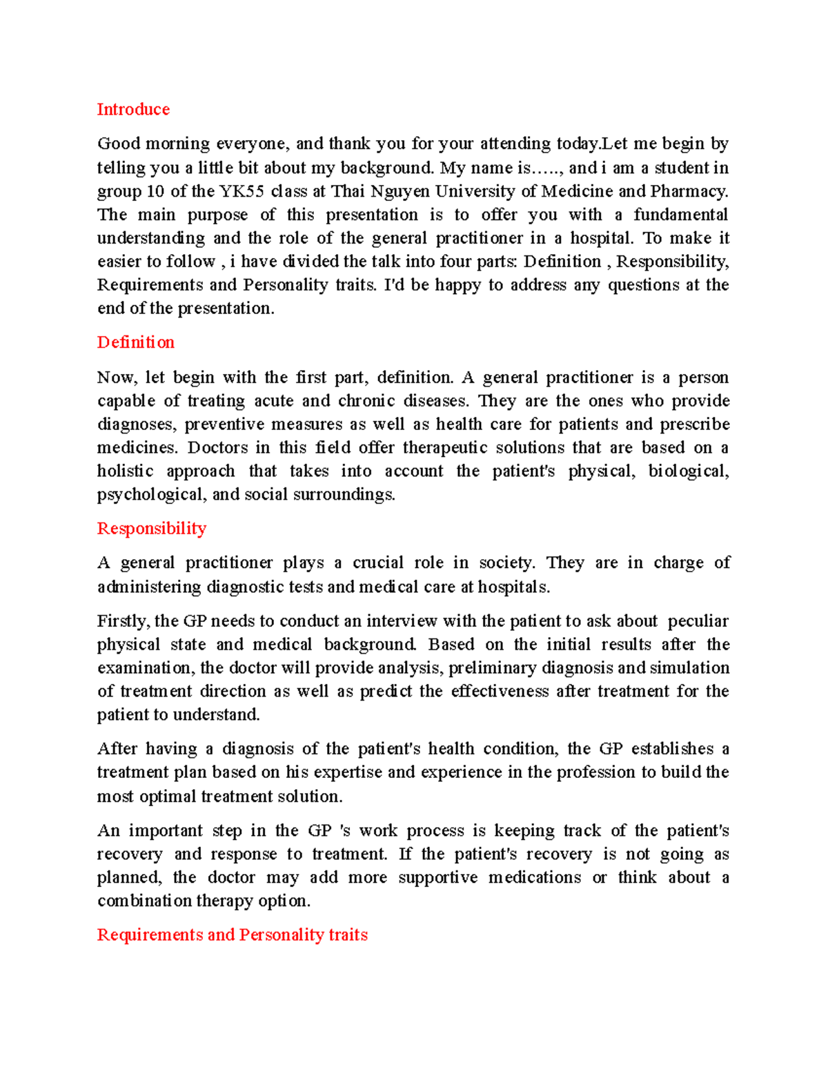 General Practitioner Role: Insights and Key Traits for YK55 Class - Studocu