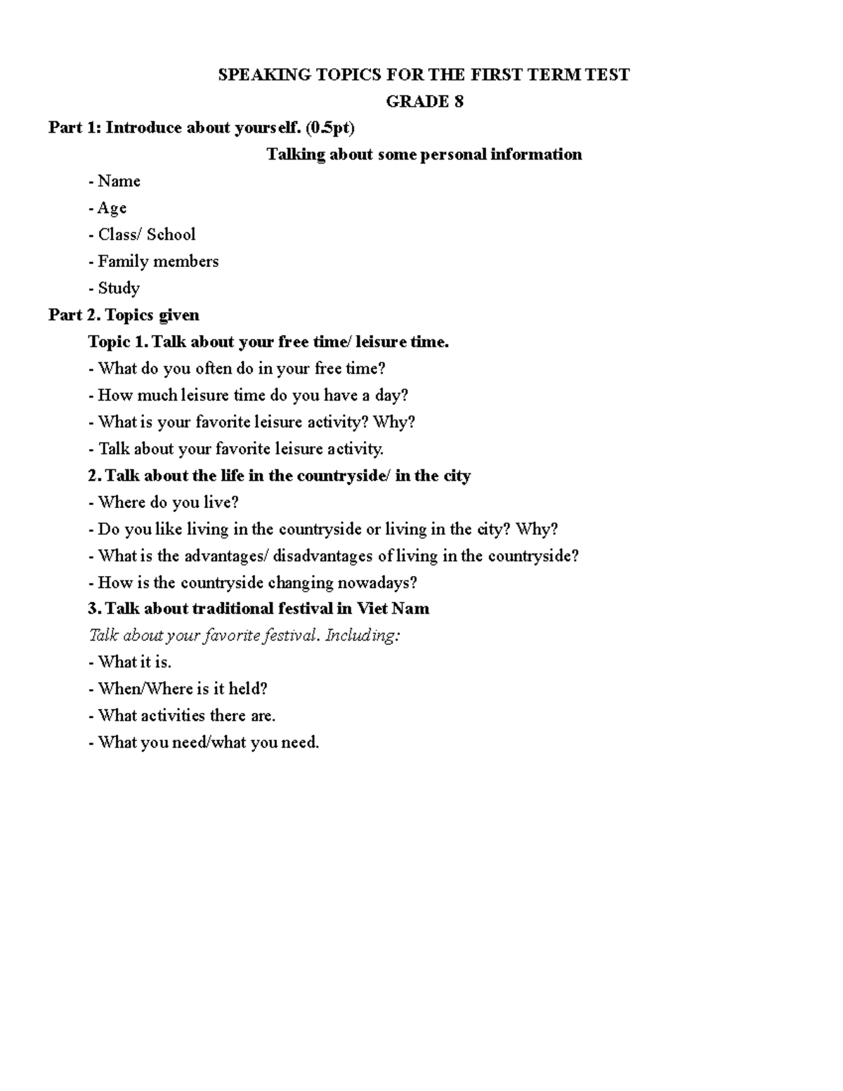 SPEAKING TEST GRADE 8: FIRST TERM TOPICS & GUIDELINES - Studocu