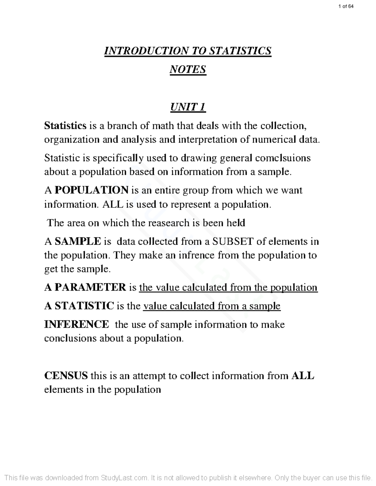 ECON1005 UWI Lecture Notes on Introduction to Statistics - Studocu