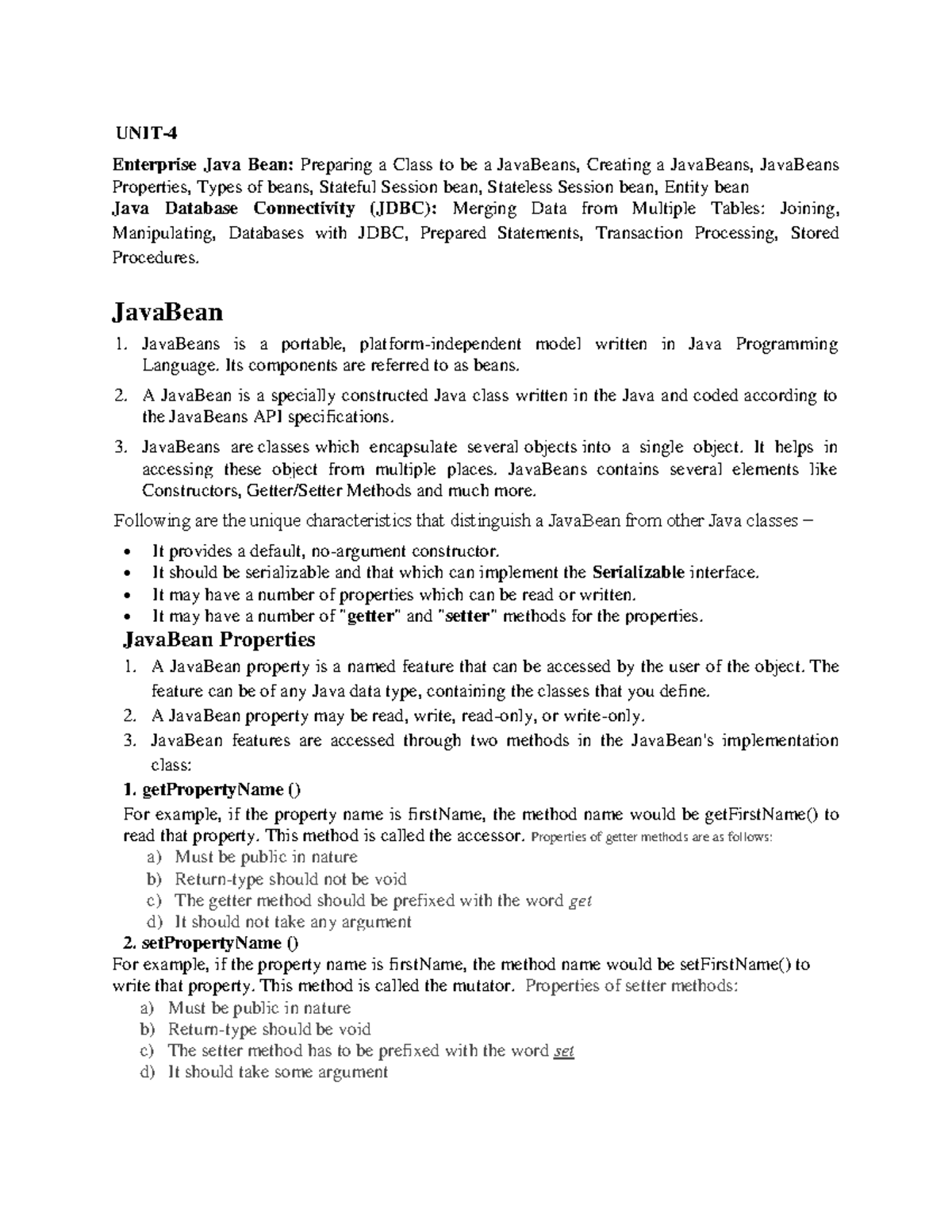 Wb Tech UNI4 - JavaBeans and JDBC Overview Notes - Studocu