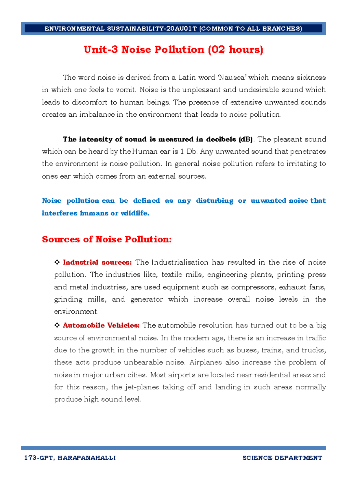 EVS Unit-3: Comprehensive Study on Noise Pollution and Its Control ...