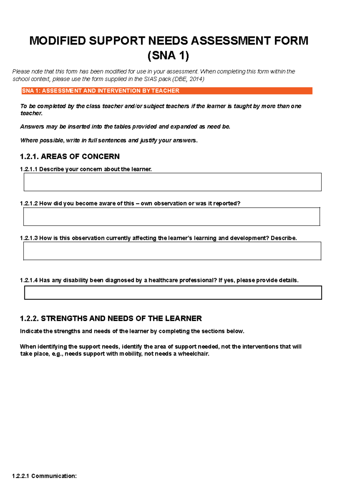 SNA 1 And 2 Summary B Ed Foundation Phase MODIFIED SUPPORT NEEDS 