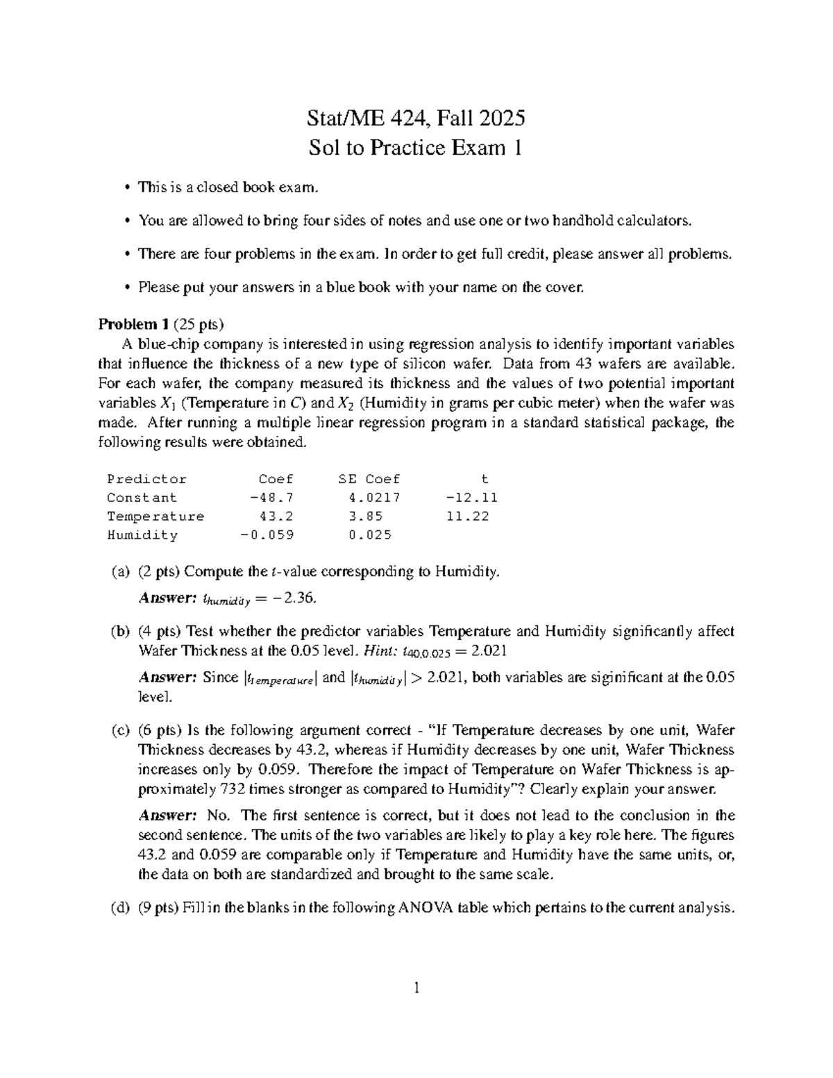 F2025 Practice Exam 1 Solutions and Analysis - Studocu