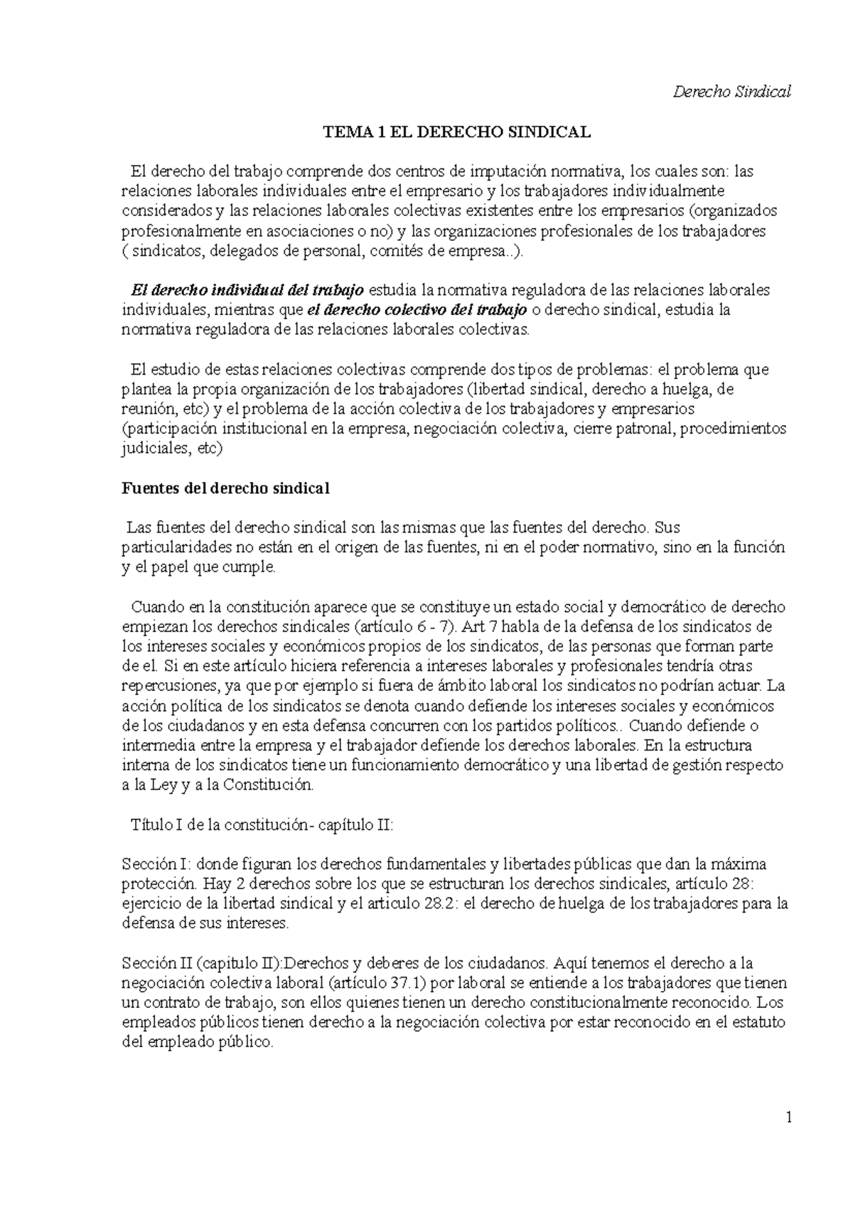 Derecho Sindical 1: Apuntes y Temario Completo - Prof. Gárate - Document Preview