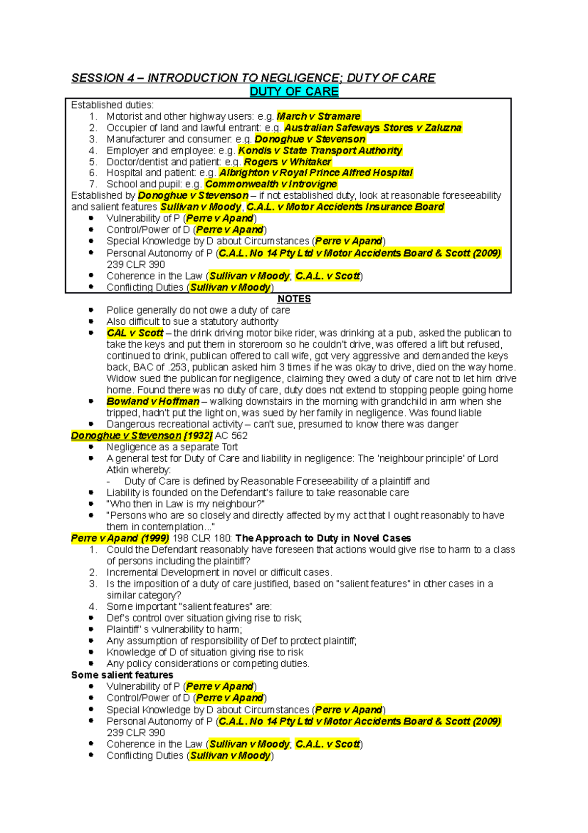 Session 4: Understanding Duty of Care in Negligence Law - Studocu
