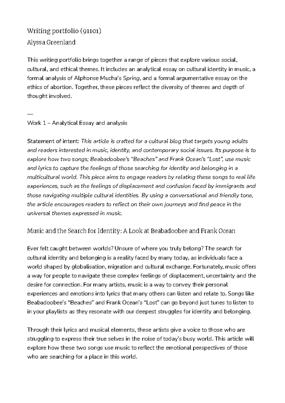 Writing Portfolio: Essays on Identity, Art, and Ethics (91101) - Studocu